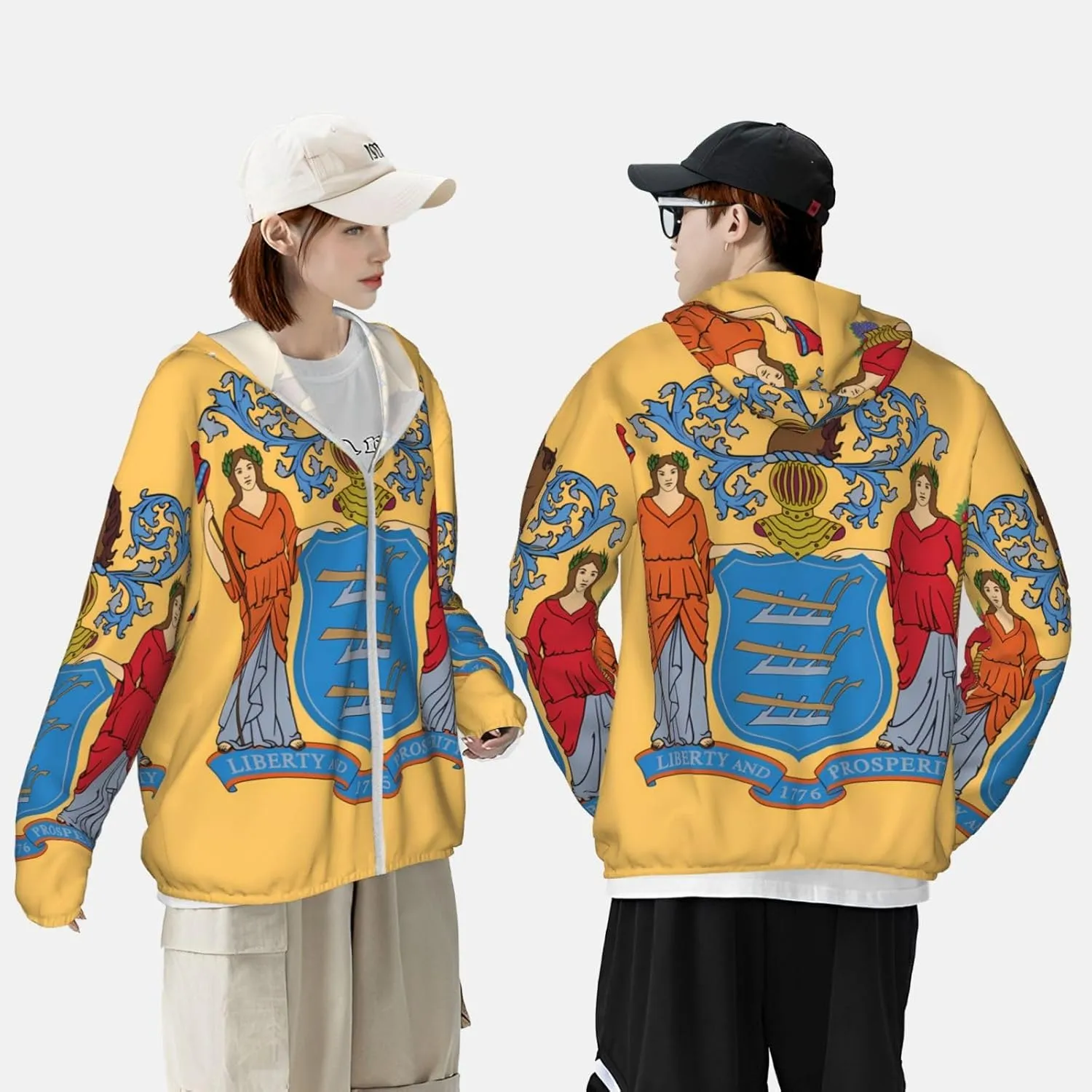 Lightweight UV Protection Sun Jacket, Flag of New Jersey Print Sportswear Hooded Sunblock Shirt for Outdoor