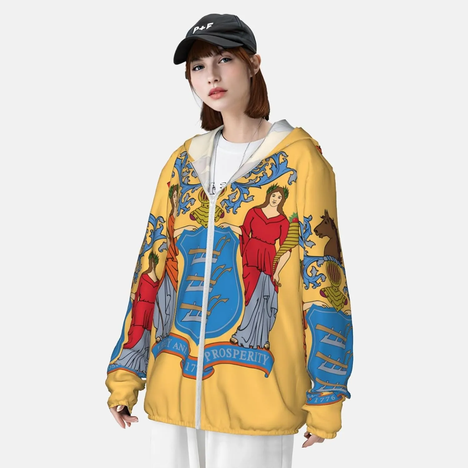 Lightweight UV Protection Sun Jacket, Flag of New Jersey Print Sportswear Hooded Sunblock Shirt for Outdoor