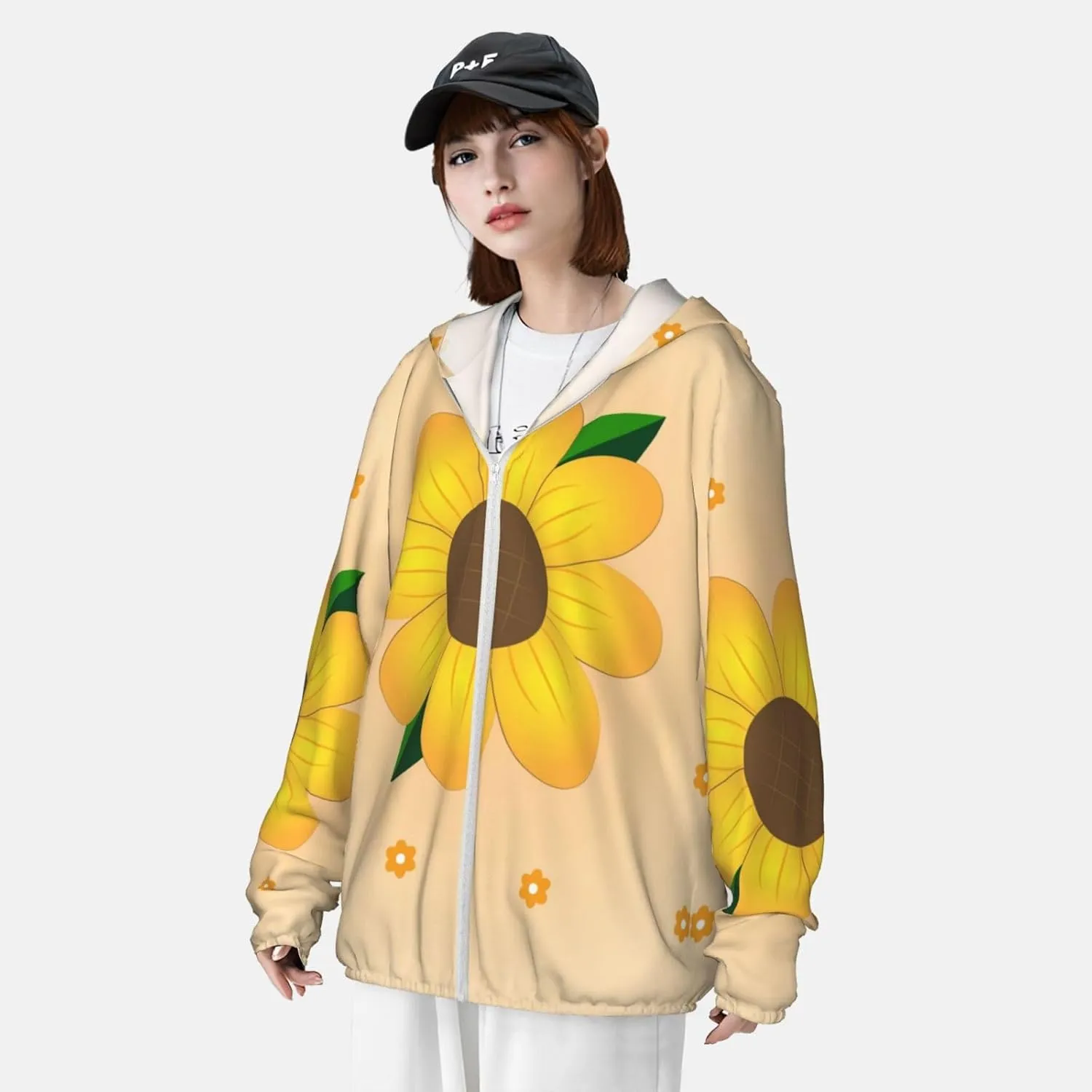 Lightweight UV Protection Sun Jacket, Golden Sunflower Print Sportswear Hooded Sunblock Shirt for Outdoor