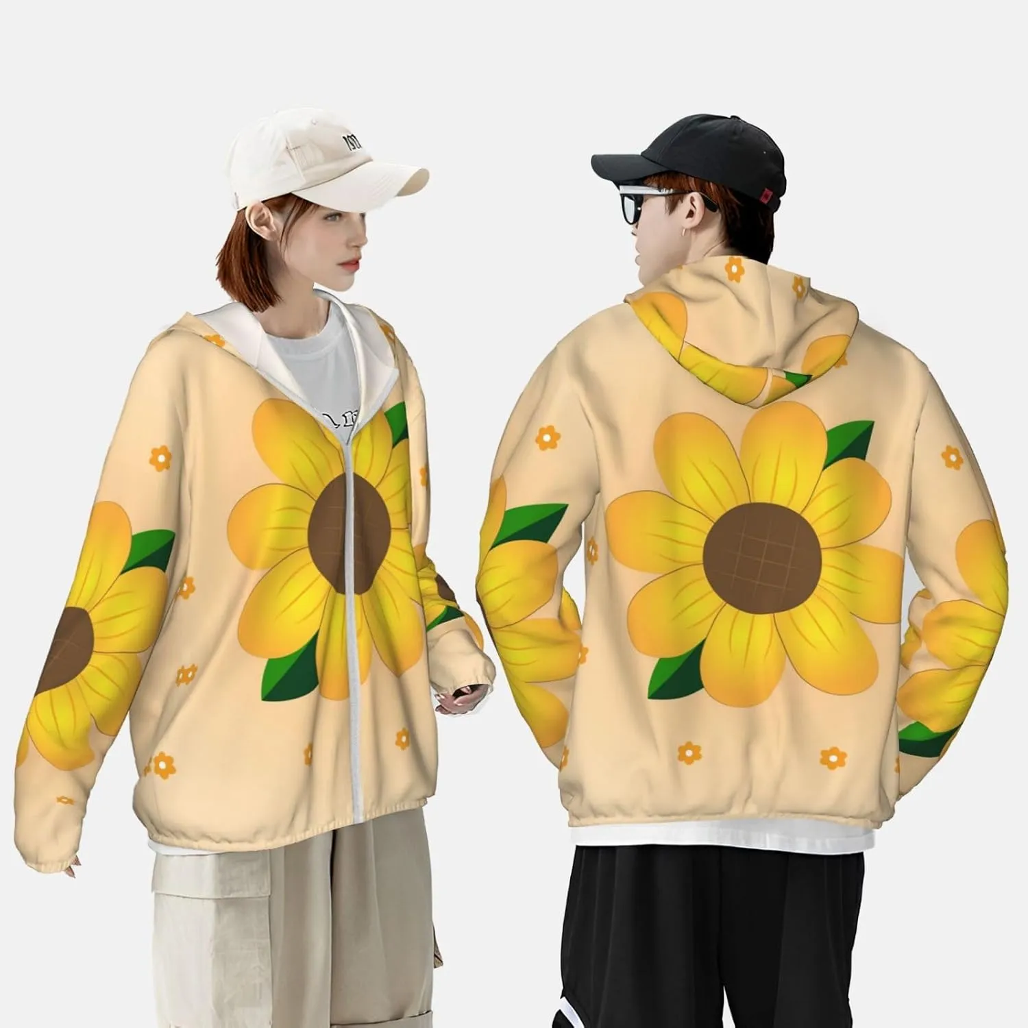 Lightweight UV Protection Sun Jacket, Golden Sunflower Print Sportswear Hooded Sunblock Shirt for Outdoor