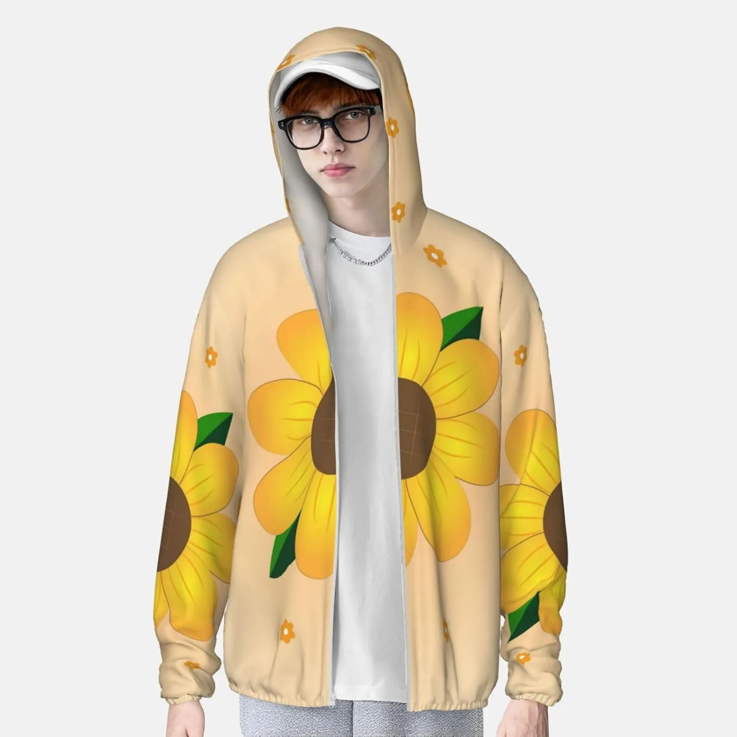 Lightweight UV Protection Sun Jacket, Golden Sunflower Print Sportswear Hooded Sunblock Shirt for Outdoor