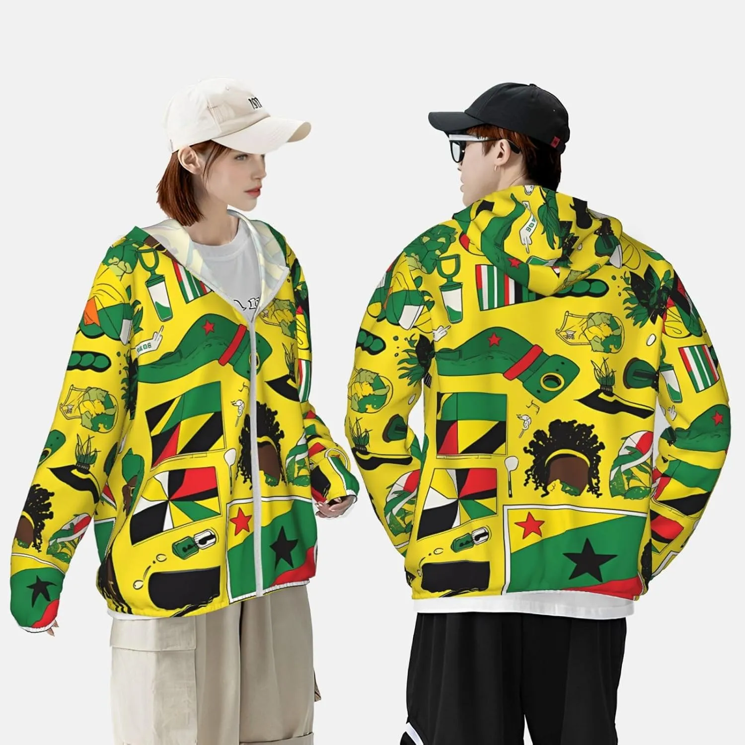 Lightweight UV Protection Sun Jacket, Jamaican Elements Print Sportswear Hooded Sunblock Shirt for Outdoor