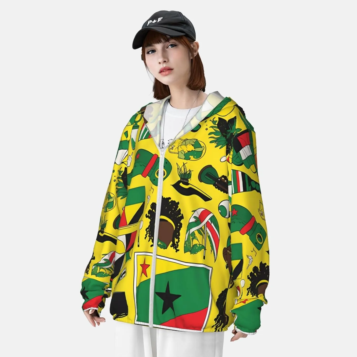 Lightweight UV Protection Sun Jacket, Jamaican Elements Print Sportswear Hooded Sunblock Shirt for Outdoor