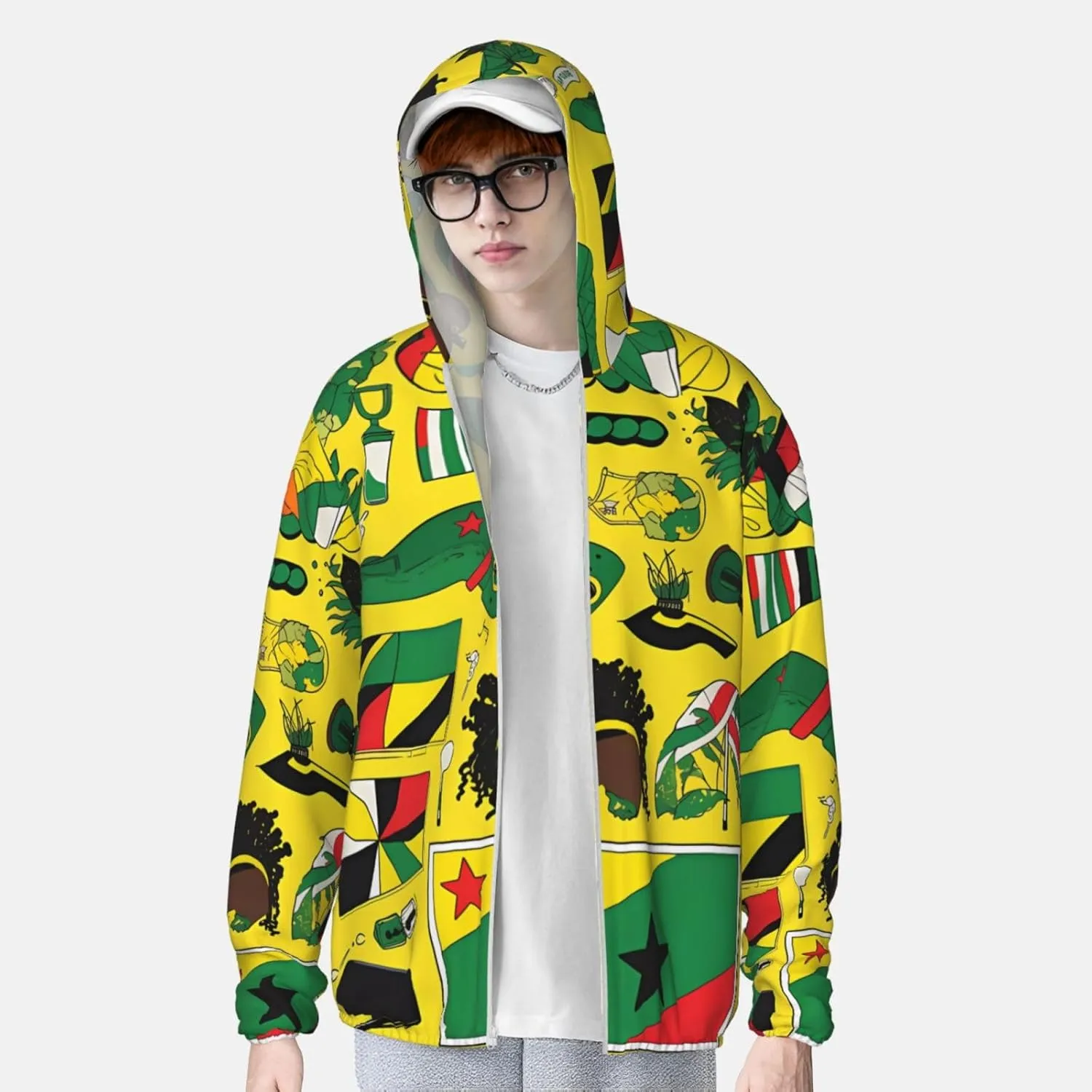 Lightweight UV Protection Sun Jacket, Jamaican Elements Print Sportswear Hooded Sunblock Shirt for Outdoor