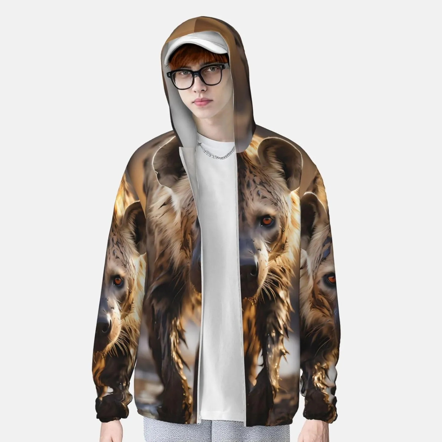 Lightweight UV Protection Sun Jacket, Lone Hyena Print Sportswear Hooded Sunblock Shirt for Outdoor