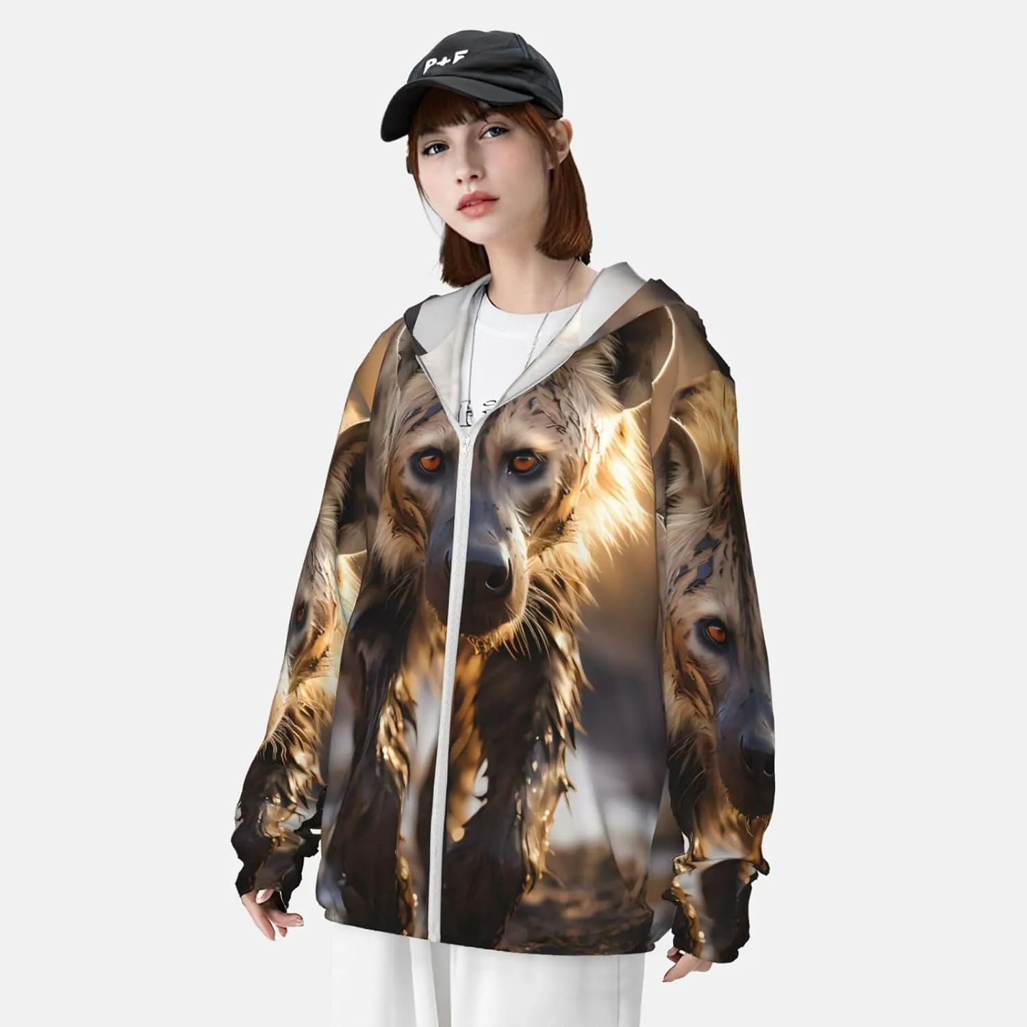 Lightweight UV Protection Sun Jacket, Lone Hyena Print Sportswear Hooded Sunblock Shirt for Outdoor