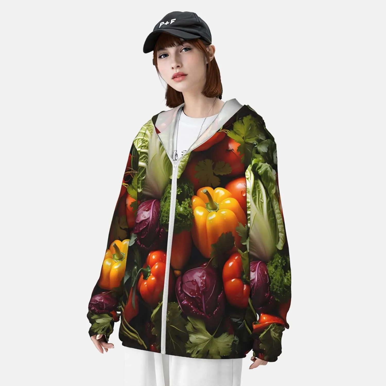 Lightweight UV Protection Sun Jacket, Lots of fresh vegetables Print Sportswear Hooded Sunblock Shirt for Outdoor