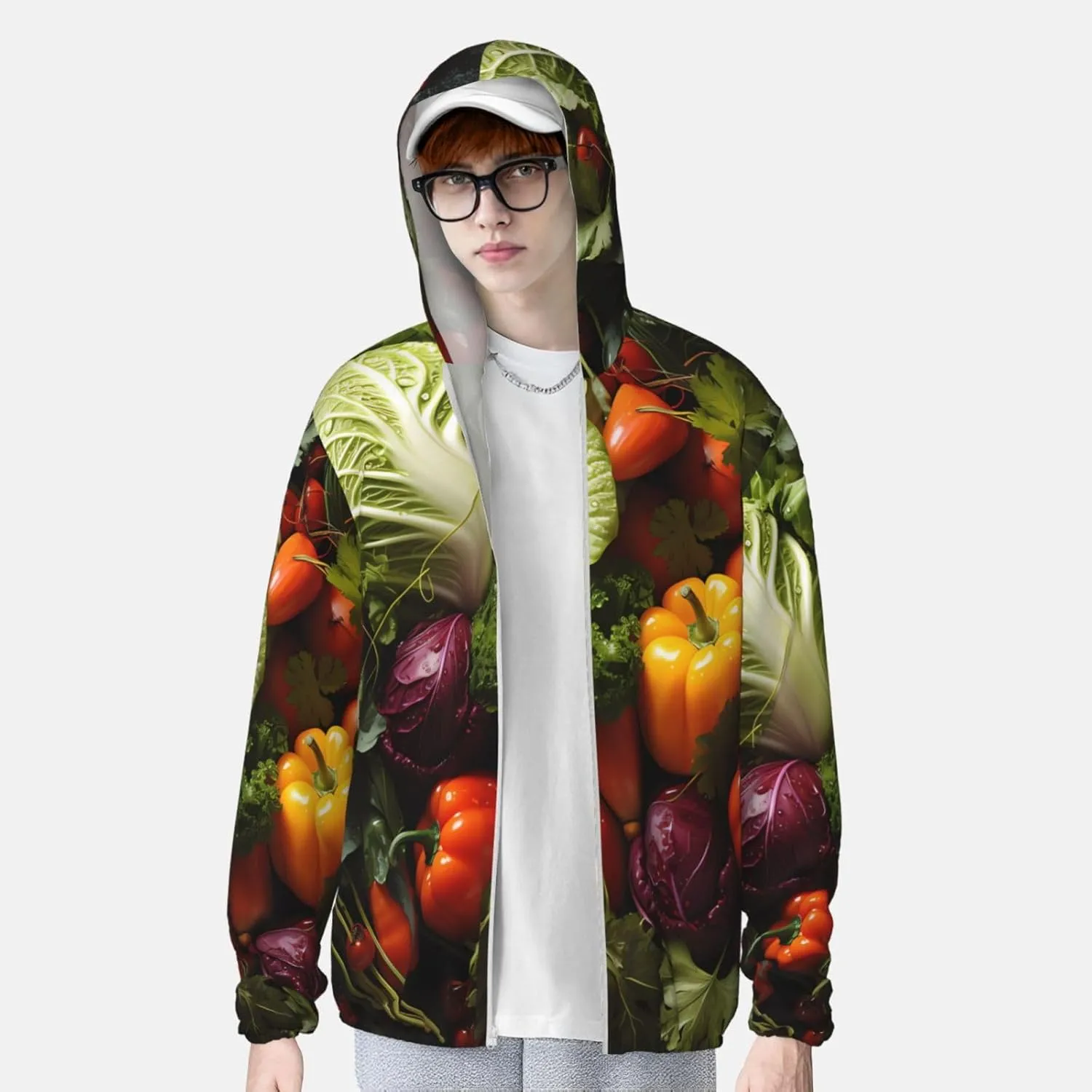 Lightweight UV Protection Sun Jacket, Lots of fresh vegetables Print Sportswear Hooded Sunblock Shirt for Outdoor