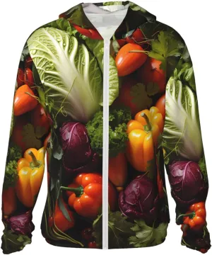 Lightweight UV Protection Sun Jacket, Lots of fresh vegetables Print Sportswear Hooded Sunblock Shirt for Outdoor