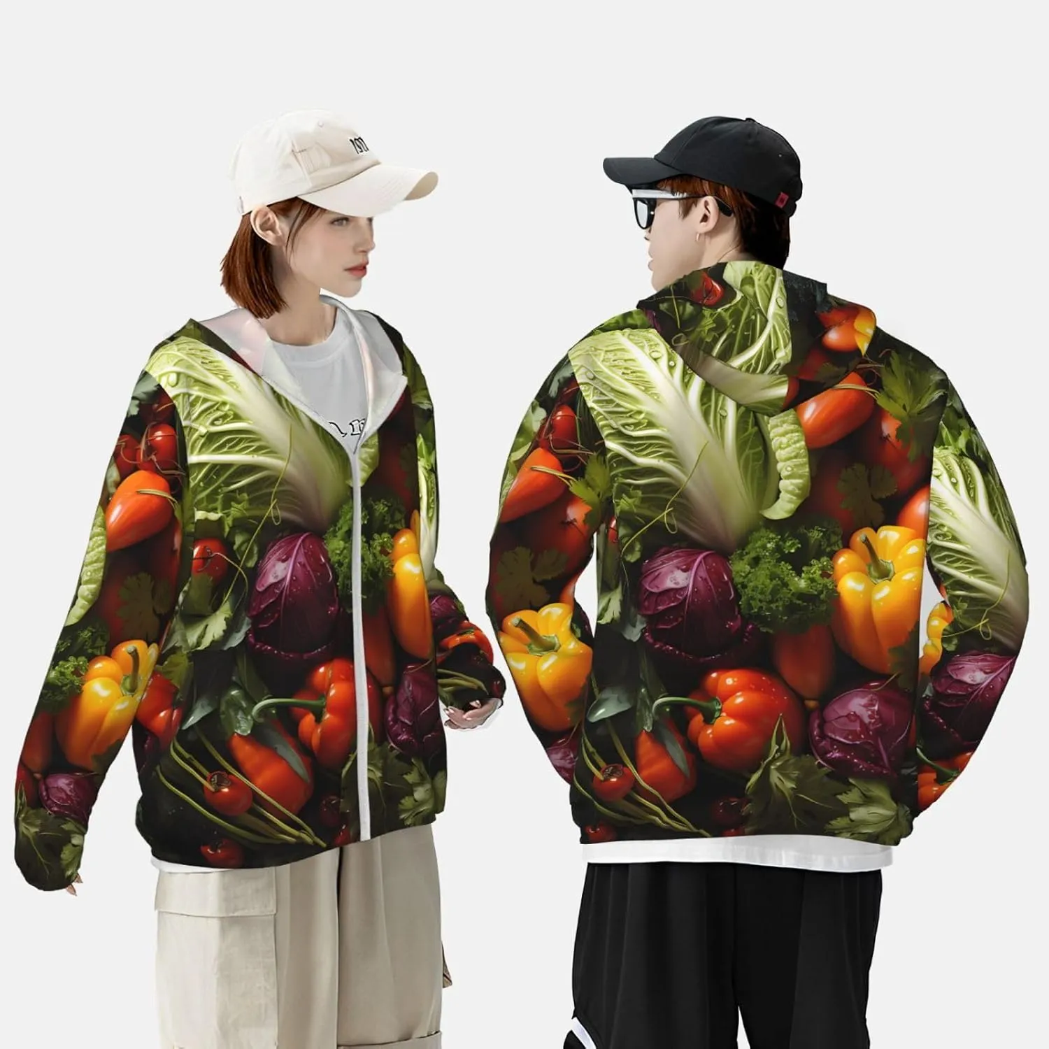 Lightweight UV Protection Sun Jacket, Lots of fresh vegetables Print Sportswear Hooded Sunblock Shirt for Outdoor