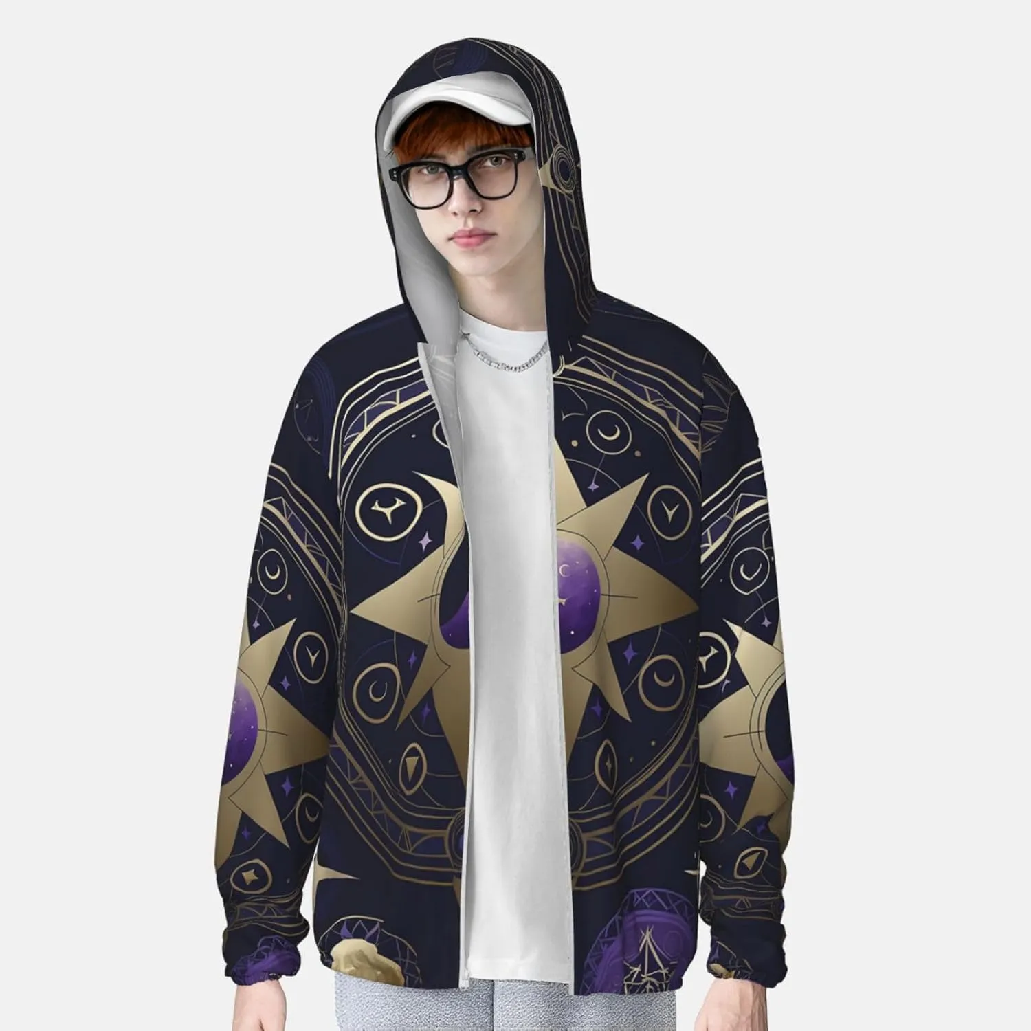 Lightweight UV Protection Sun Jacket, Mystical Symbol Pattern Print Sportswear Hooded Sunblock Shirt for Outdoor