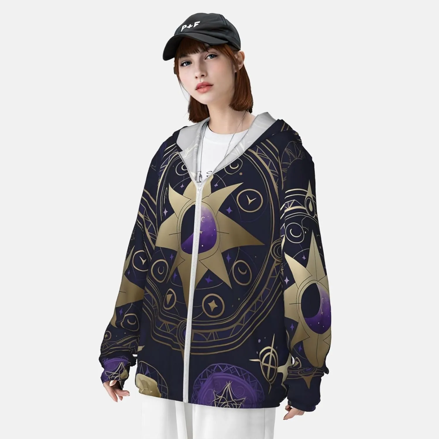 Lightweight UV Protection Sun Jacket, Mystical Symbol Pattern Print Sportswear Hooded Sunblock Shirt for Outdoor
