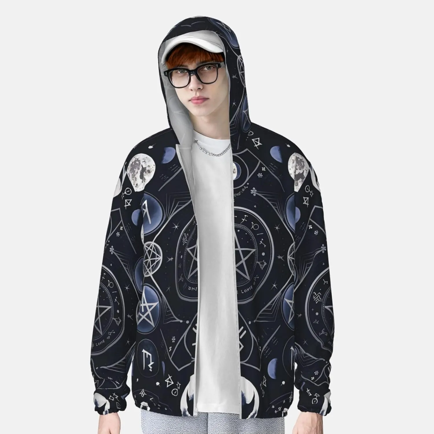 Lightweight UV Protection Sun Jacket, Mystical Symbol Words Print Sportswear Hooded Sunblock Shirt for Outdoor