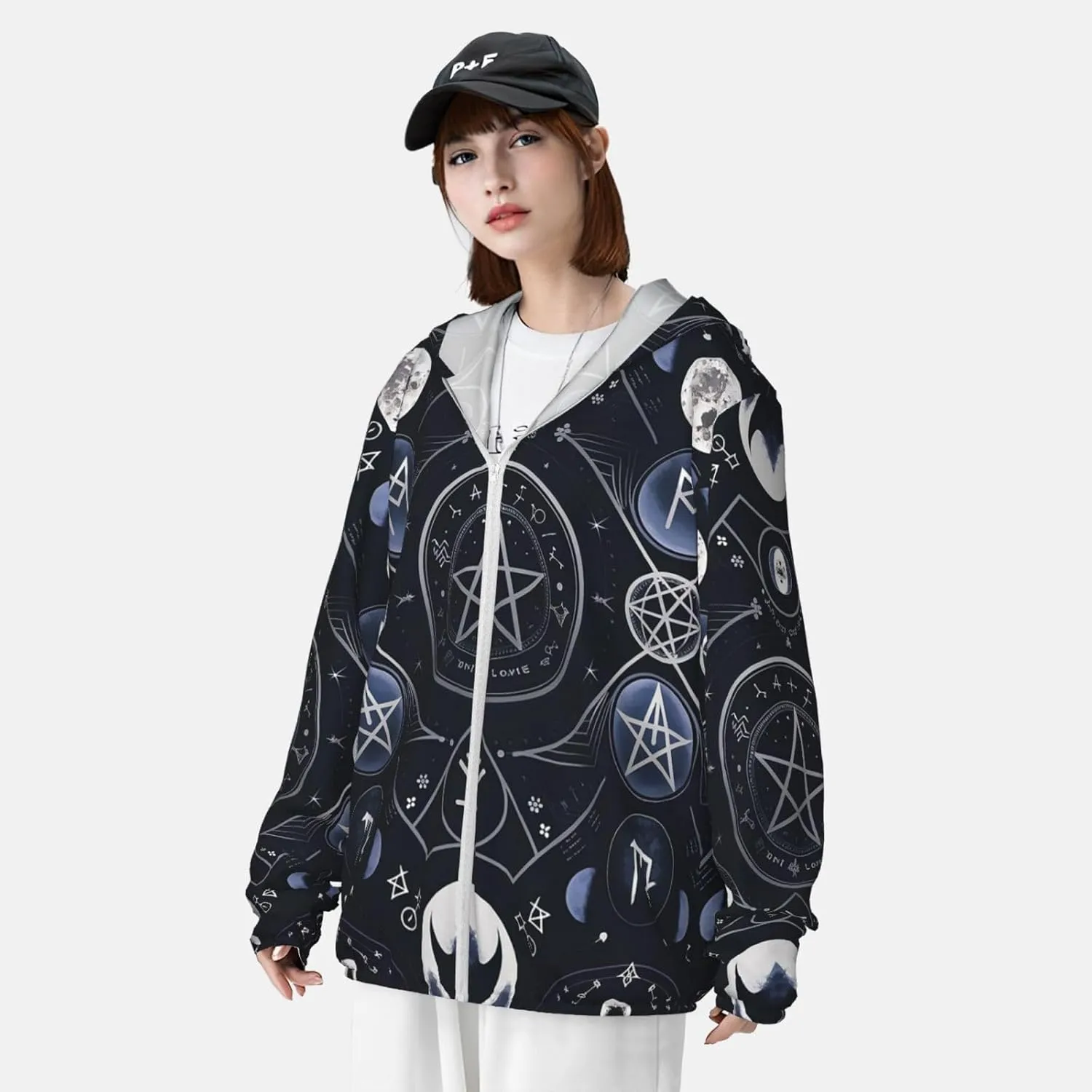 Lightweight UV Protection Sun Jacket, Mystical Symbol Words Print Sportswear Hooded Sunblock Shirt for Outdoor