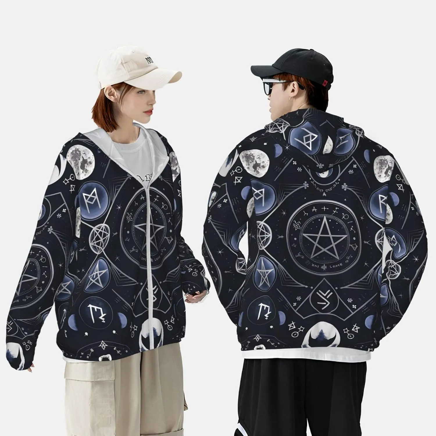 Lightweight UV Protection Sun Jacket, Mystical Symbol Words Print Sportswear Hooded Sunblock Shirt for Outdoor