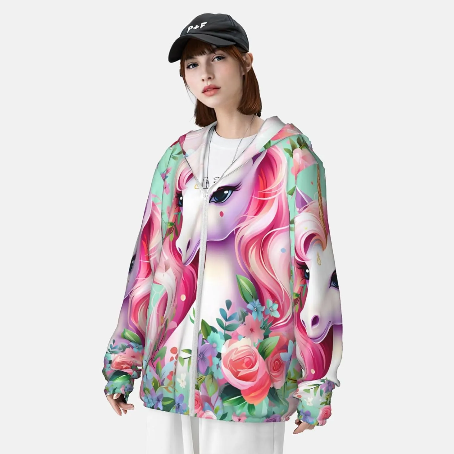 Lightweight UV Protection Sun Jacket, Pink Unicorn Print Sportswear Hooded Sunblock Shirt for Outdoor