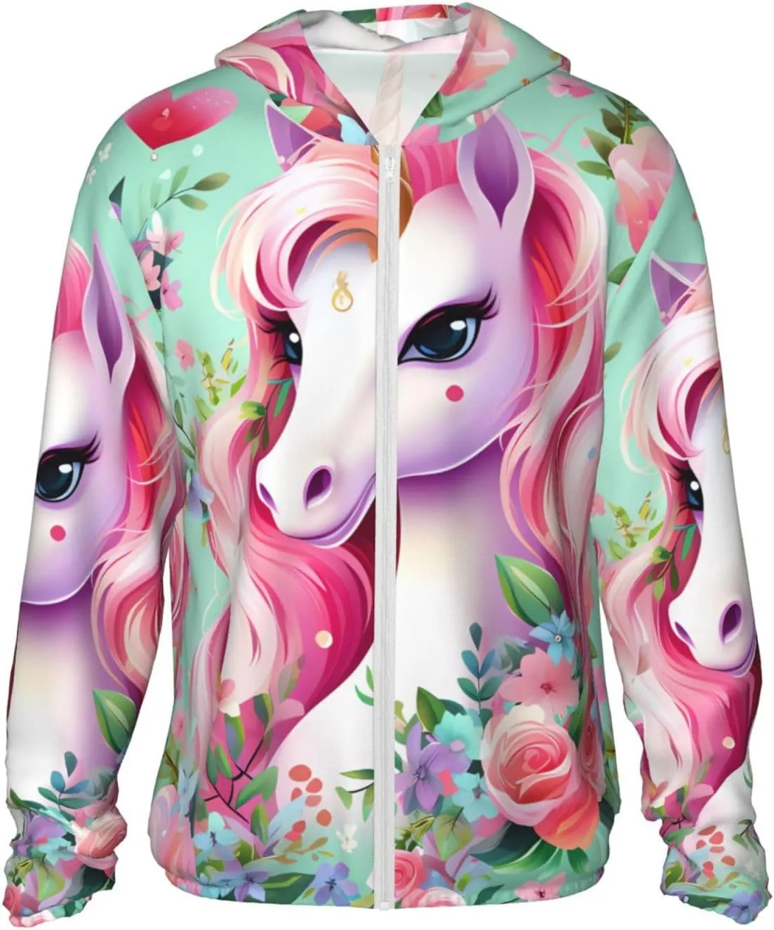 Lightweight UV Protection Sun Jacket, Pink Unicorn Print Sportswear Hooded Sunblock Shirt for Outdoor