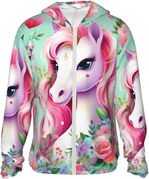 Lightweight UV Protection Sun Jacket, Pink Unicorn Print Sportswear Hooded Sunblock Shirt for Outdoor