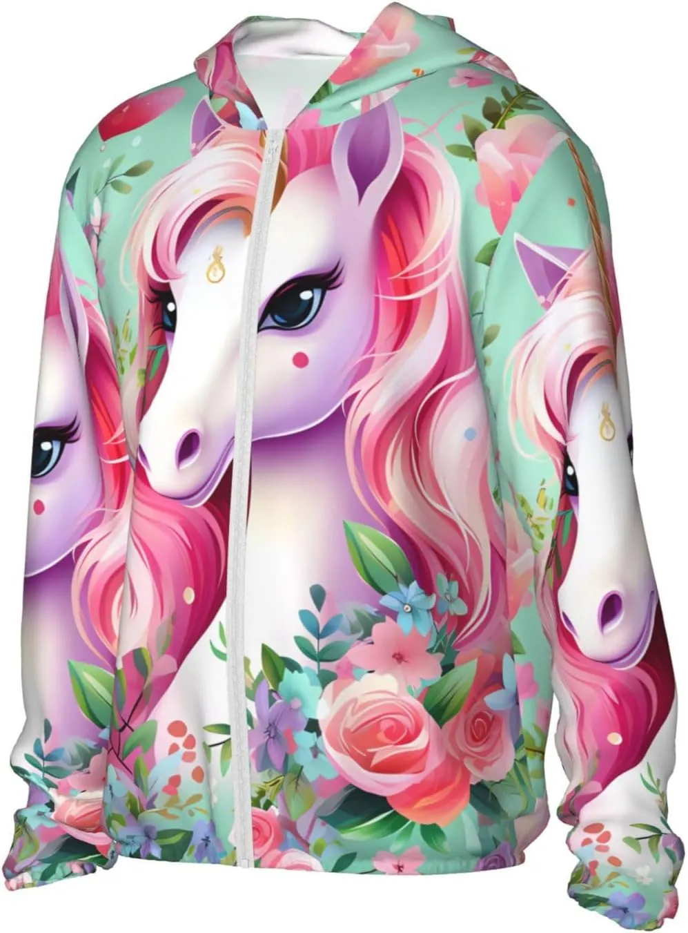 Lightweight UV Protection Sun Jacket, Pink Unicorn Print Sportswear Hooded Sunblock Shirt for Outdoor