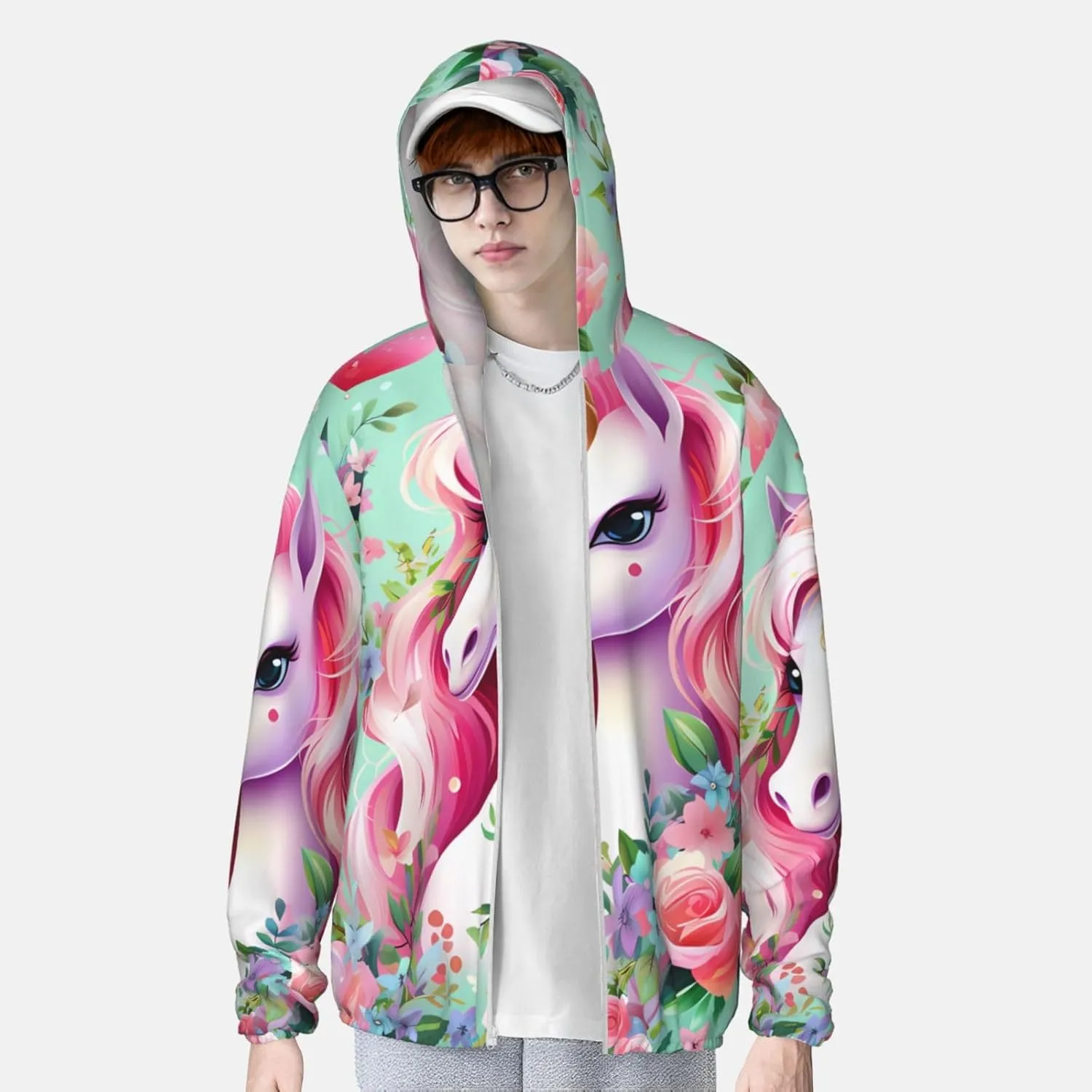 Lightweight UV Protection Sun Jacket, Pink Unicorn Print Sportswear Hooded Sunblock Shirt for Outdoor