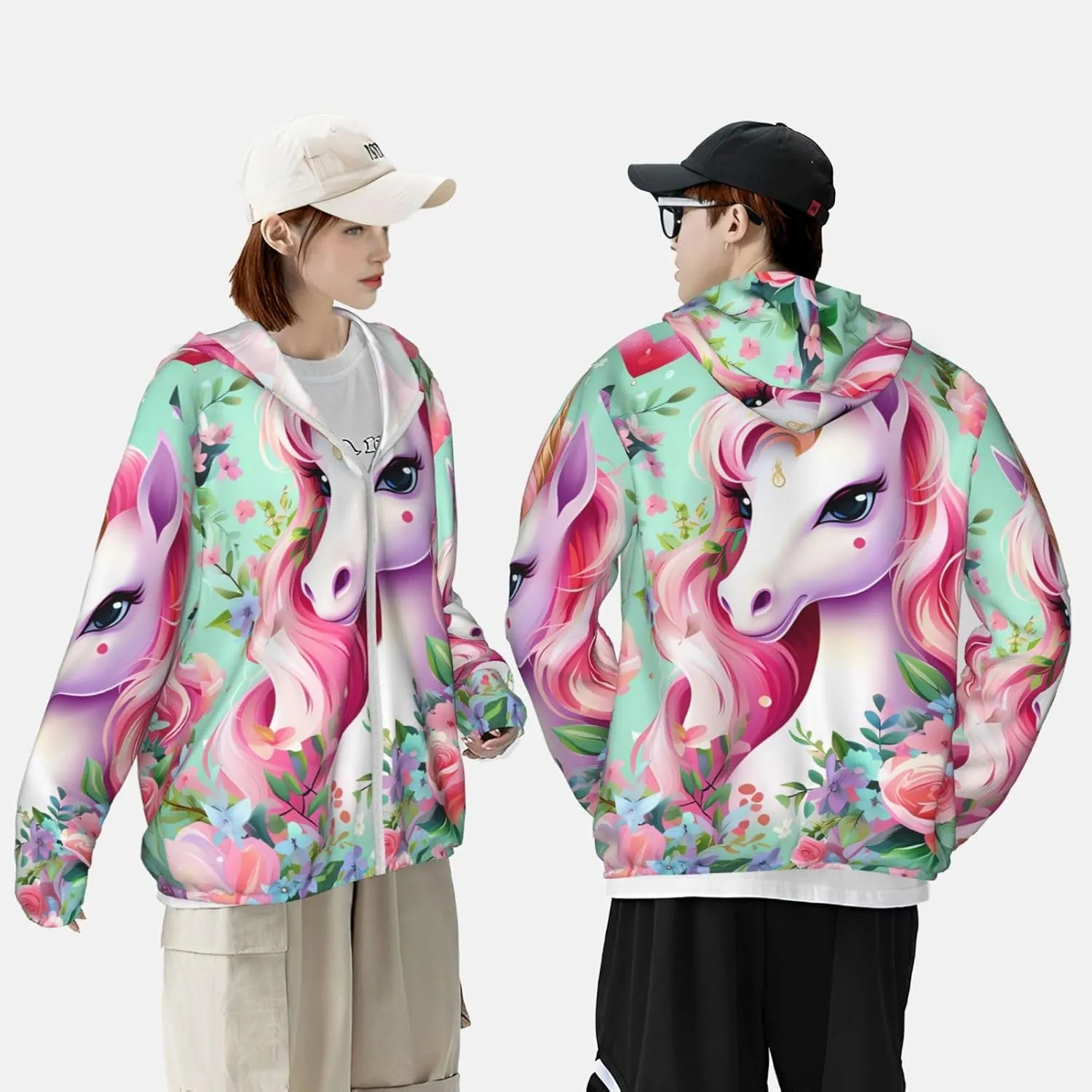 Lightweight UV Protection Sun Jacket, Pink Unicorn Print Sportswear Hooded Sunblock Shirt for Outdoor