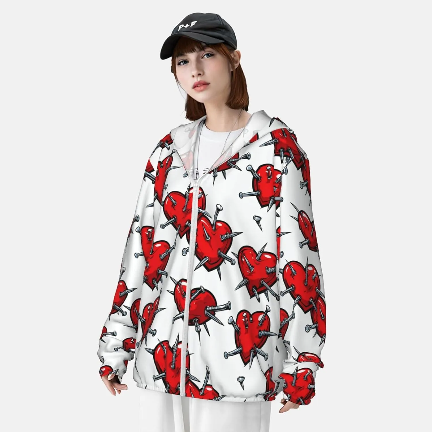 Lightweight UV Protection Sun Jacket, Red Heart with Nails Print Sportswear Hooded Sunblock Shirt for Outdoor