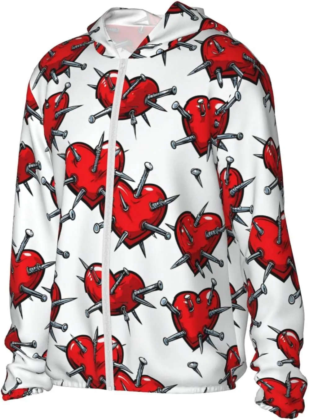 Lightweight UV Protection Sun Jacket, Red Heart with Nails Print Sportswear Hooded Sunblock Shirt for Outdoor
