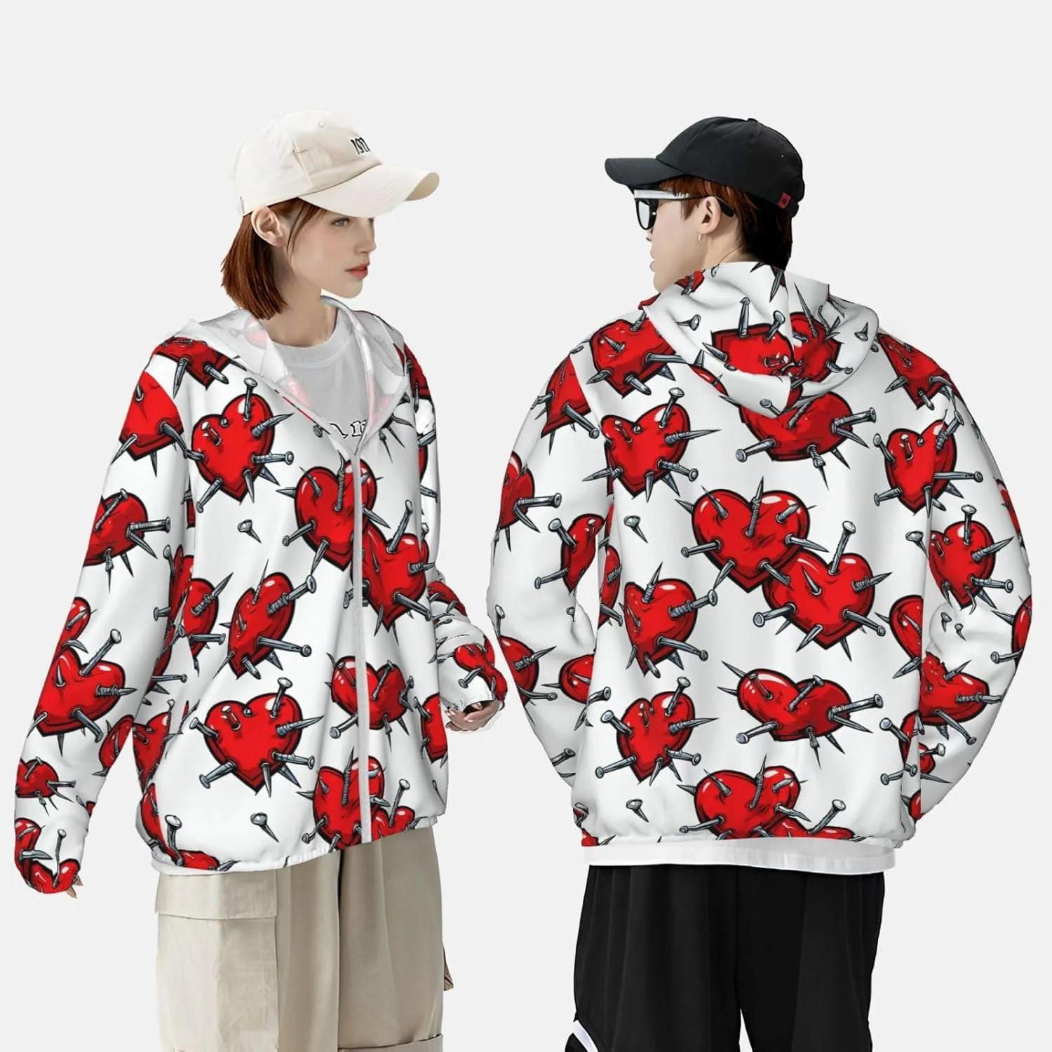 Lightweight UV Protection Sun Jacket, Red Heart with Nails Print Sportswear Hooded Sunblock Shirt for Outdoor
