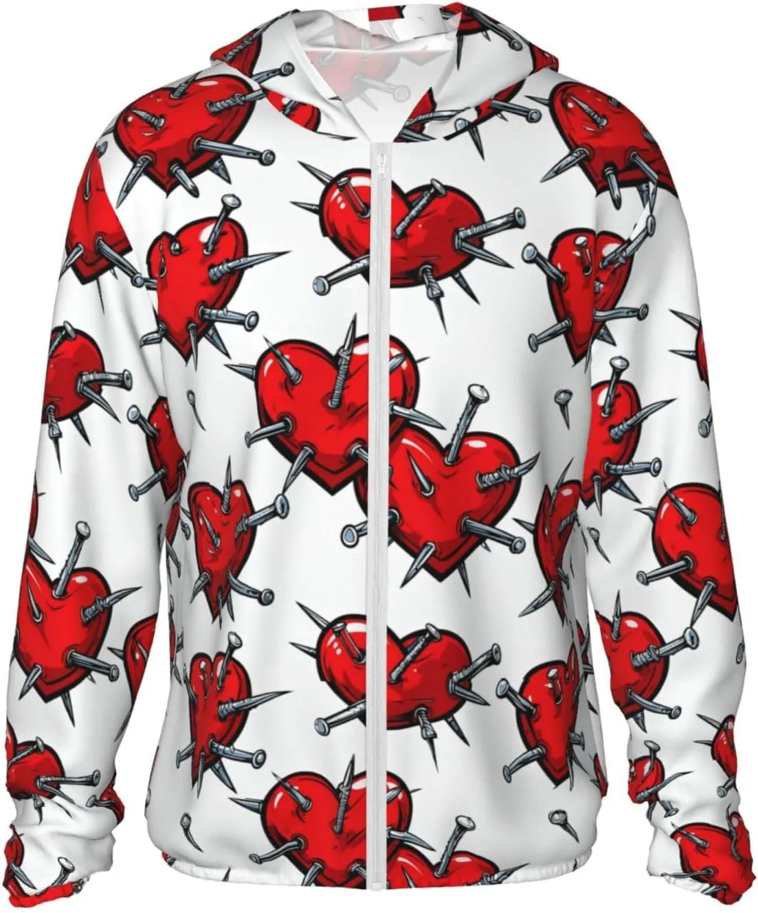 Lightweight UV Protection Sun Jacket, Red Heart with Nails Print Sportswear Hooded Sunblock Shirt for Outdoor