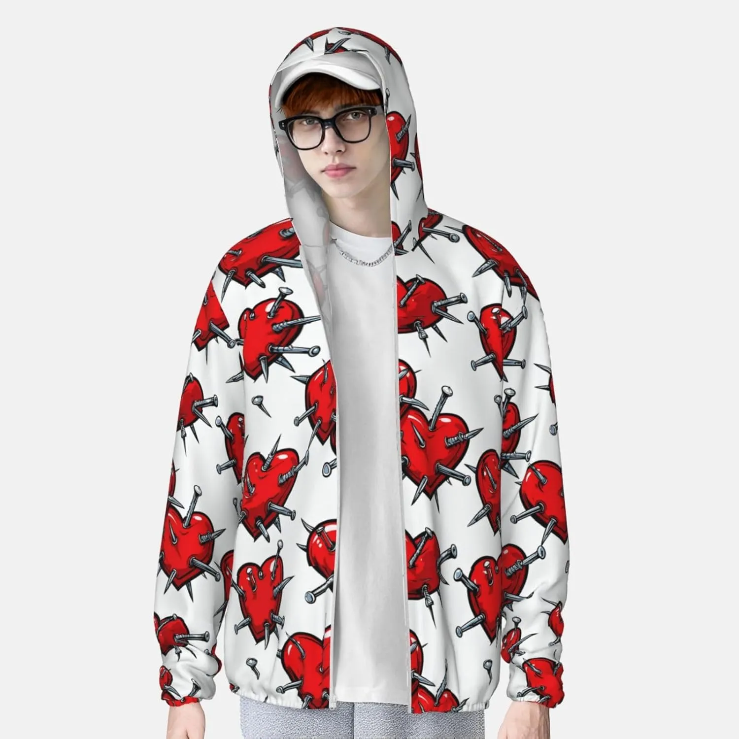 Lightweight UV Protection Sun Jacket, Red Heart with Nails Print Sportswear Hooded Sunblock Shirt for Outdoor