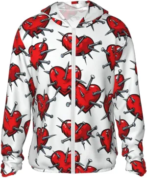Lightweight UV Protection Sun Jacket, Red Heart with Nails Print Sportswear Hooded Sunblock Shirt for Outdoor