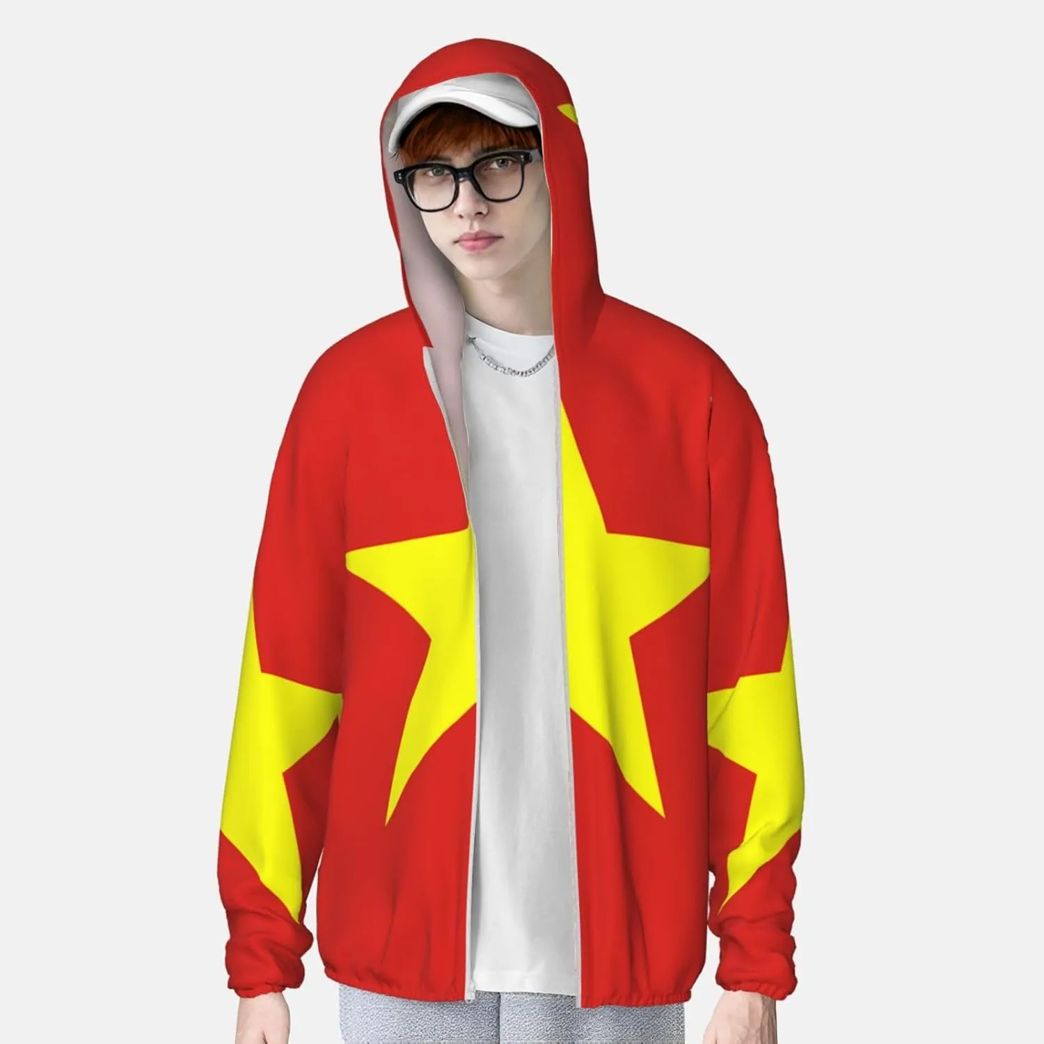 Lightweight UV Protection Sun Jacket, Vietnamese Flag Print Sportswear Hooded Sunblock Shirt for Outdoor