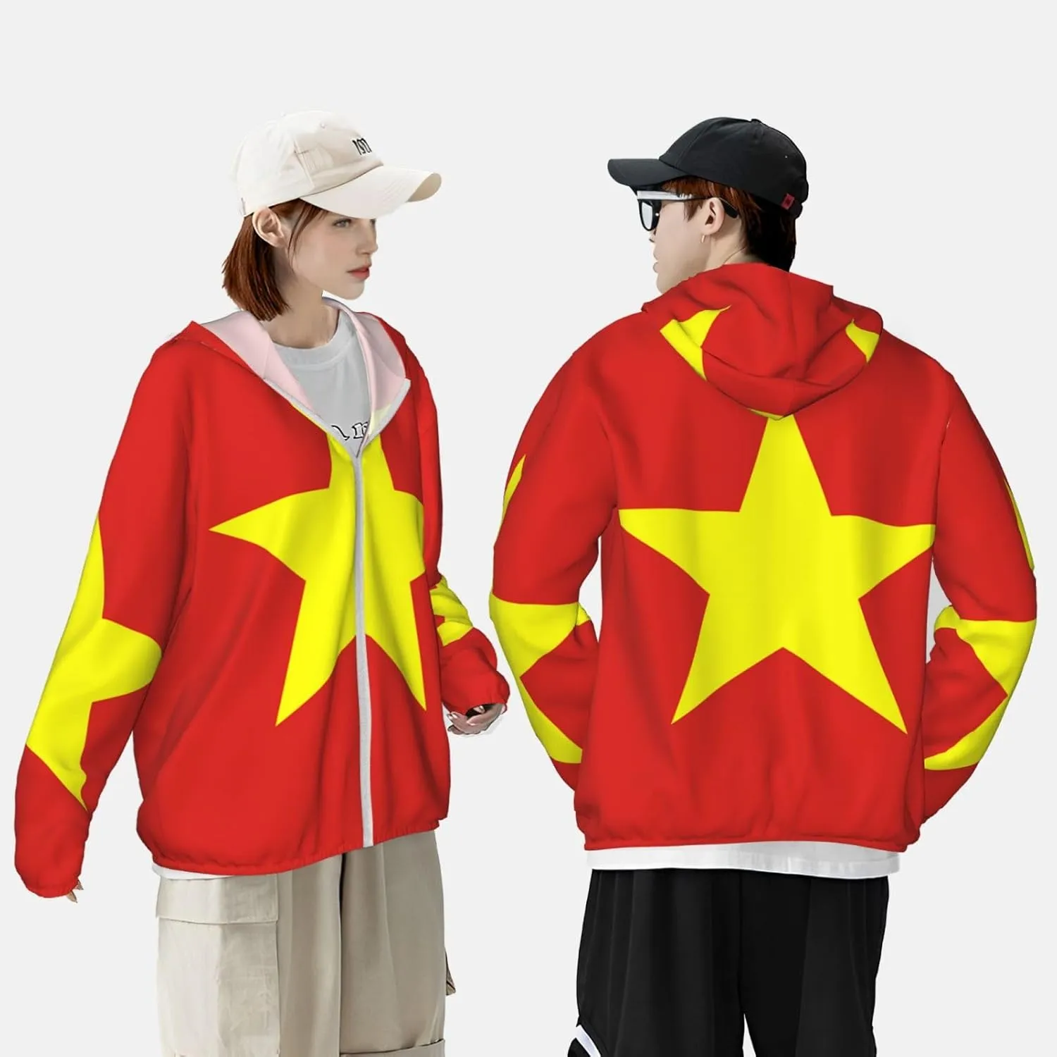 Lightweight UV Protection Sun Jacket, Vietnamese Flag Print Sportswear Hooded Sunblock Shirt for Outdoor