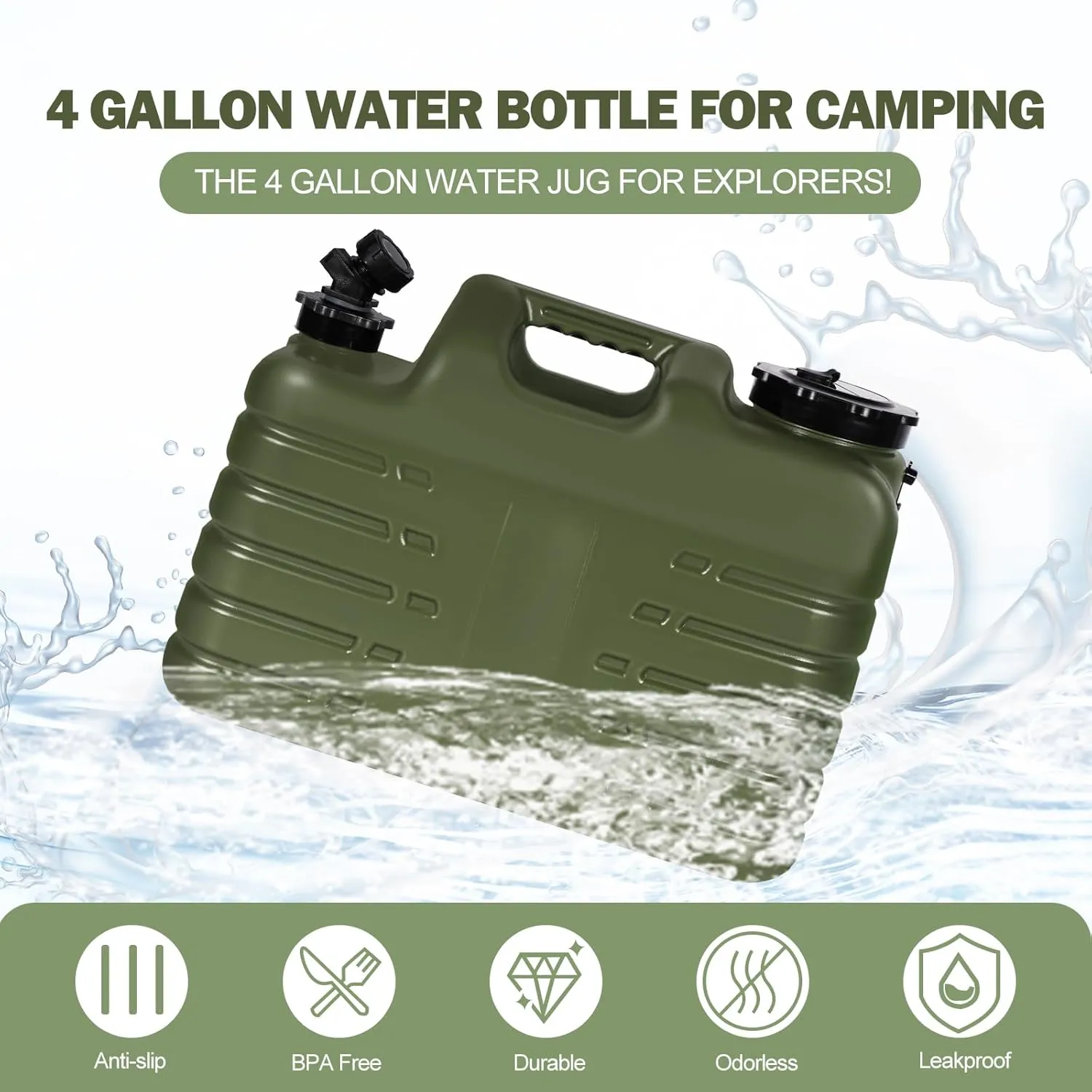 Lineslife Water Container with Spigot, 4 Gallon/15L Portable Water Storage, Camping Water Tank for Camping, Survival Gear and Supplies, Green