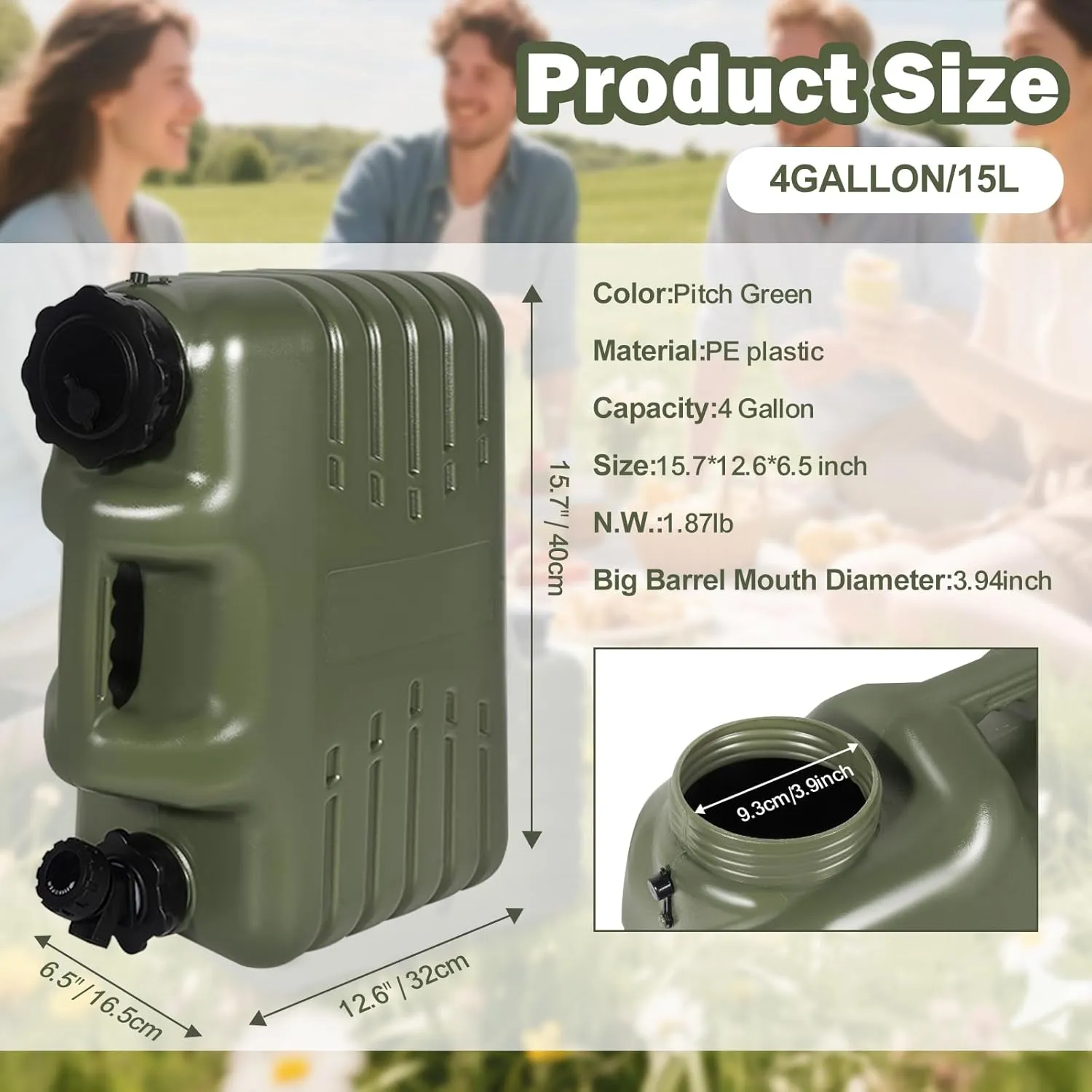 Lineslife Water Container with Spigot, 4 Gallon/15L Portable Water Storage, Camping Water Tank for Camping, Survival Gear and Supplies, Green