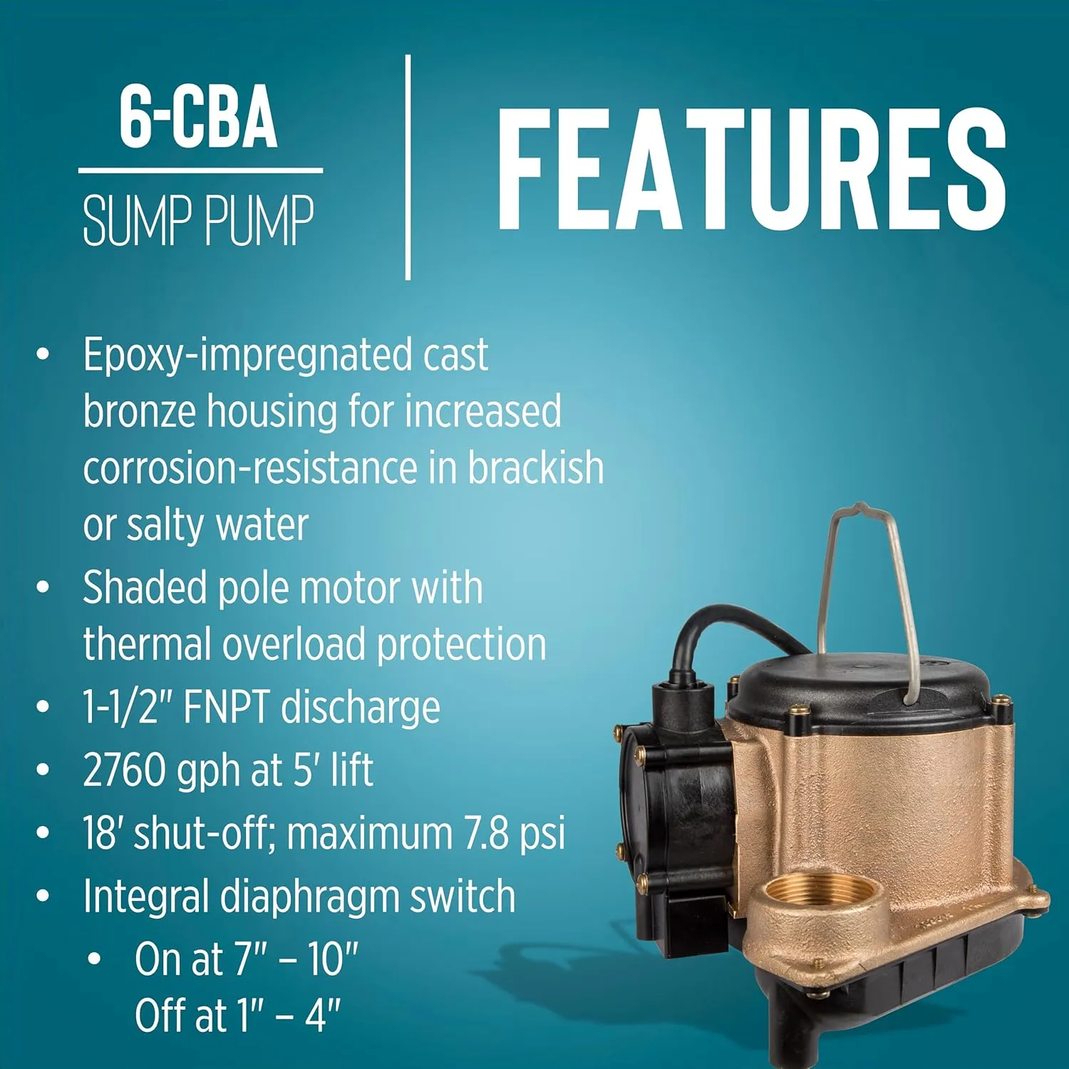 Little Giant 6-CBA 115-Volt, 1/3 HP, 2760 GPH, Automatic Submersible Epoxy Impregnated Cast Bronze Sump Pump for Salty/Briny Water Conditions with Integral Diaphragm Switch, 10' Cord, Bronze, 506357