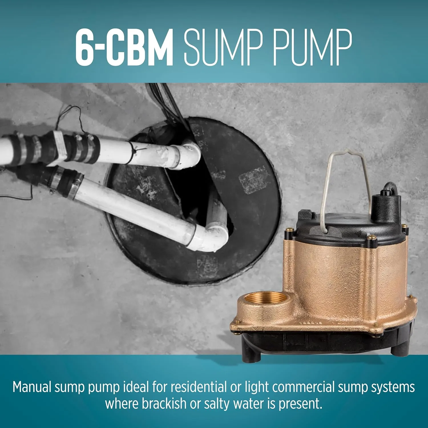 Little Giant 6-CBM 115-Volt, 1/3 HP, 2760 GPH, Manual (No Switch) Submersible Epoxy Impregnated Cast Bronze Sump Pump for Salty/Briny Water Conditions, 10' Cord, Bronze, 506257