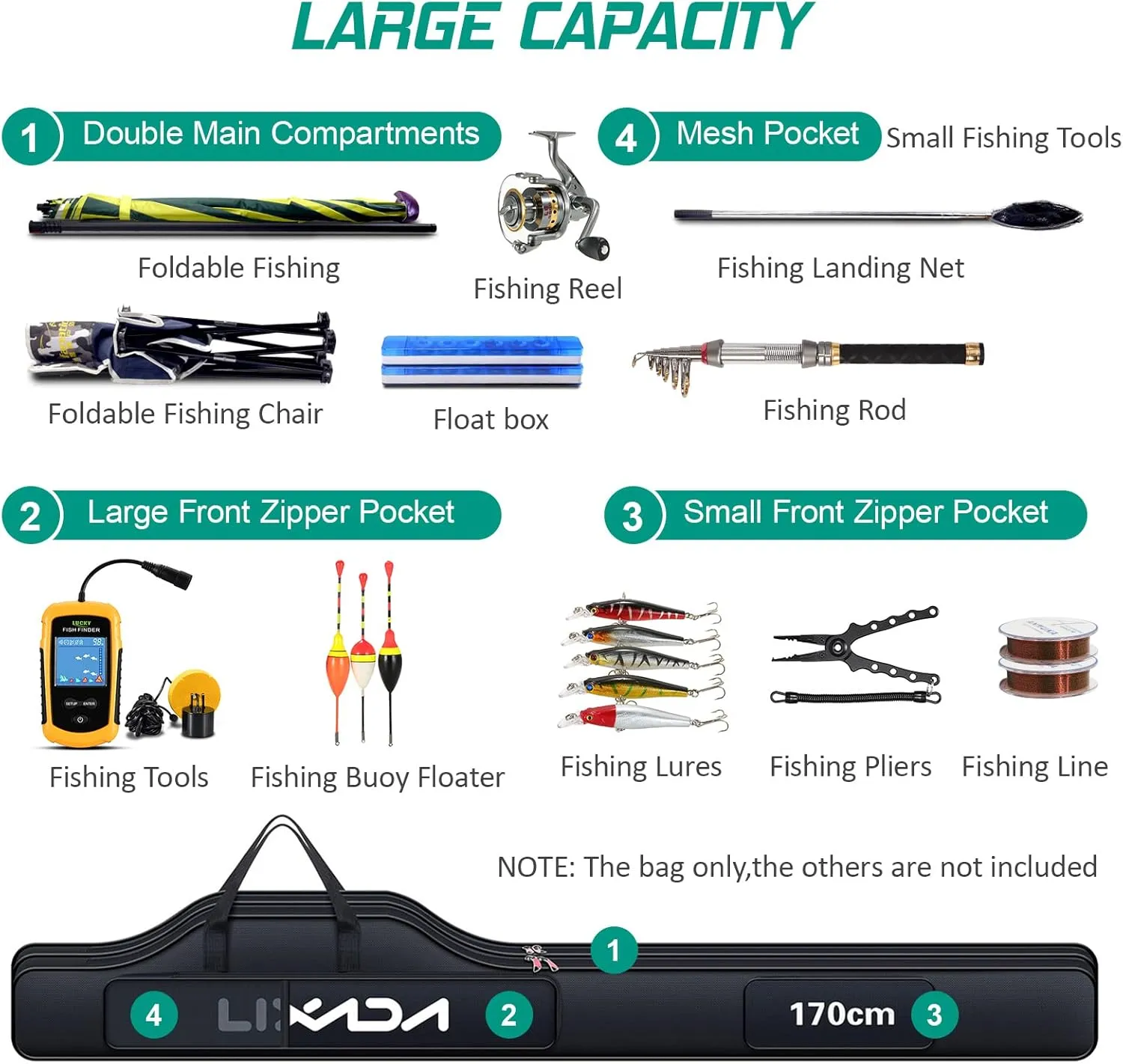 Lixada Fishing Rod Case, Portable Folding Fishing Rod Case Fishing Pole Reel Storage Bag Fishing Gears Organizer