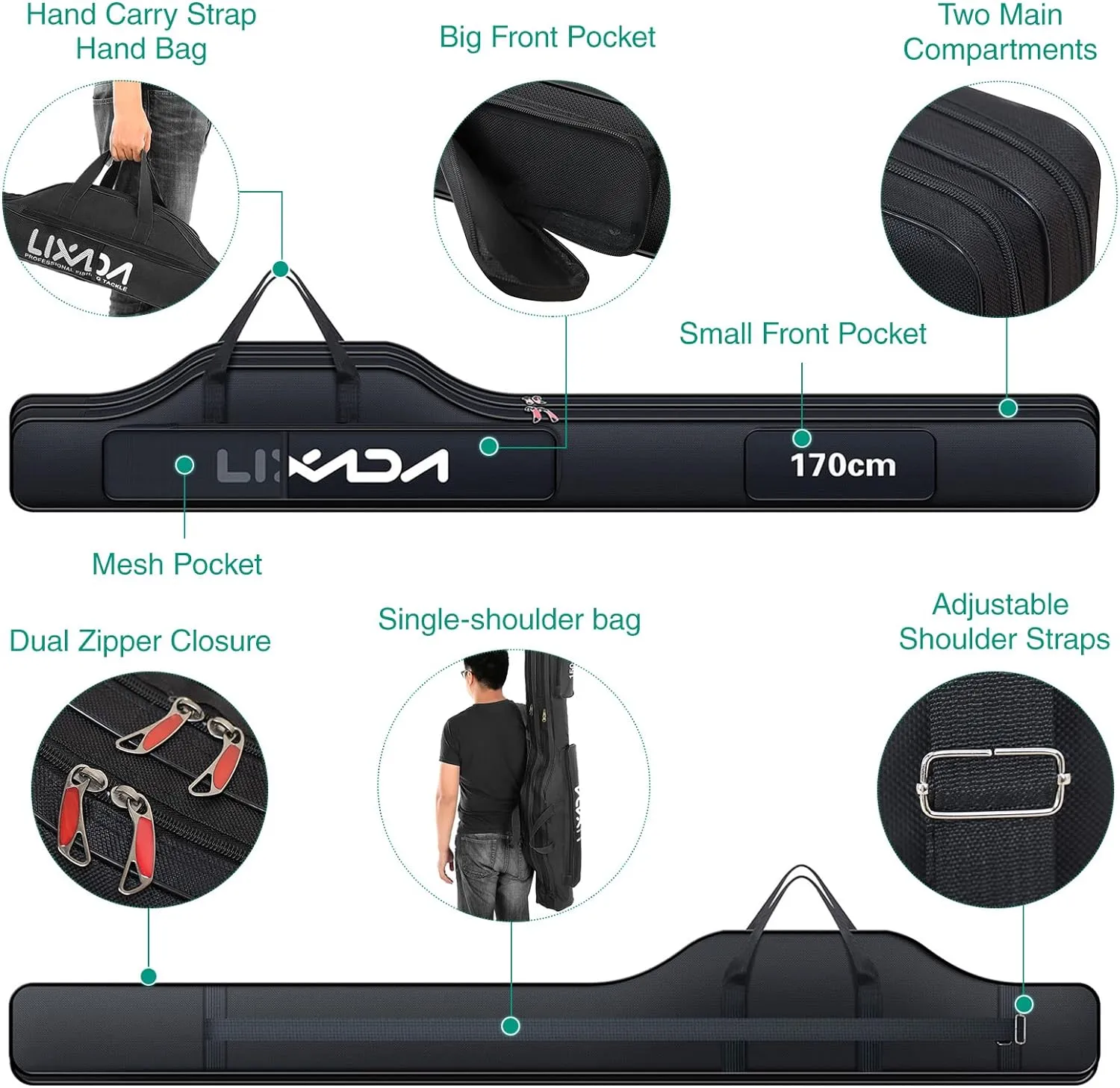 Lixada Fishing Rod Case, Portable Folding Fishing Rod Case Fishing Pole Reel Storage Bag Fishing Gears Organizer