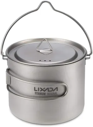 Lixada Titanium Camping Cup Ultralight Portable Cup Hanging Pot with Lid and Foldable Handle for Outdoor Camping Hiking Backpacking(900/1600ML)