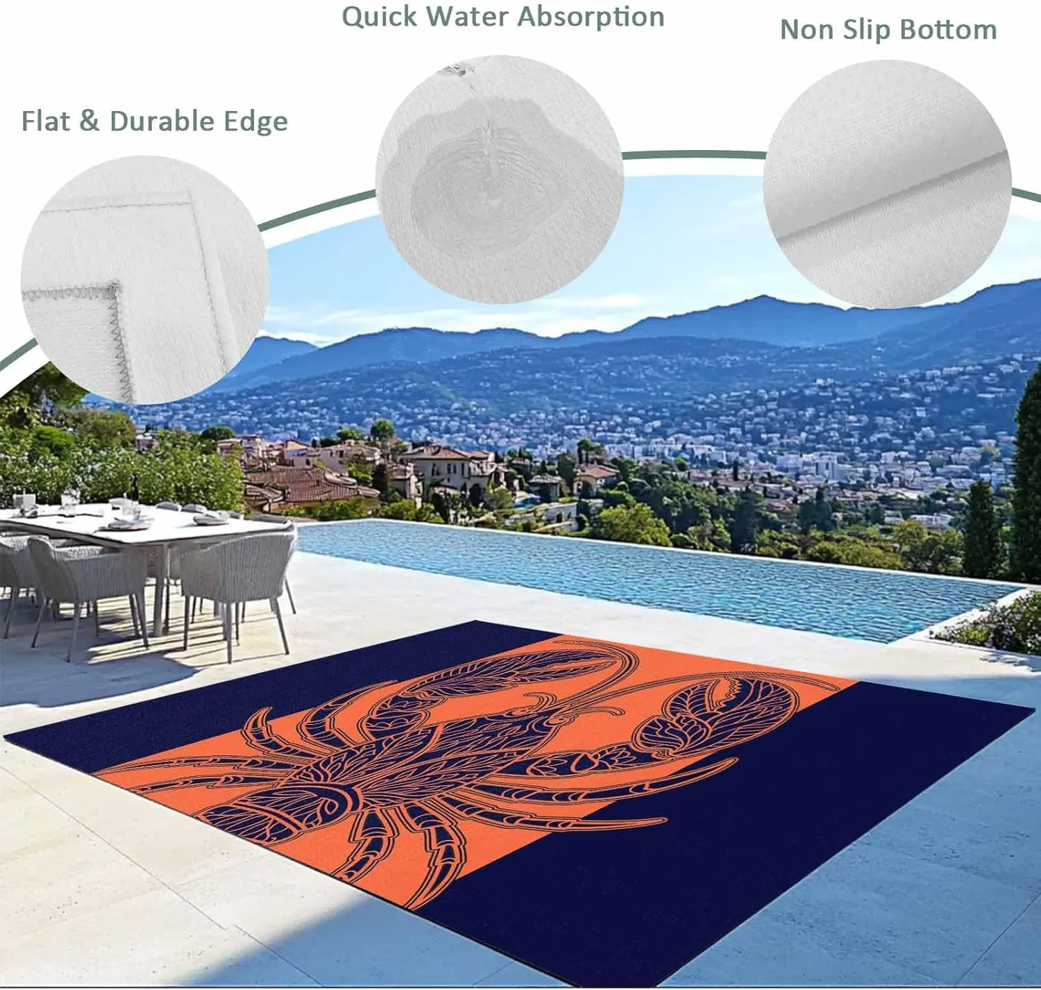 Lobster Navy Blue Outdoor Rug 4x6ft Large Patio Rug,Washable RV Camping Outside Area Runner Rug Mat,Boho Tropical Orange Stripe Summer Carpet for Picnic Backyard Deck Porch Balcony Beach & Indoor