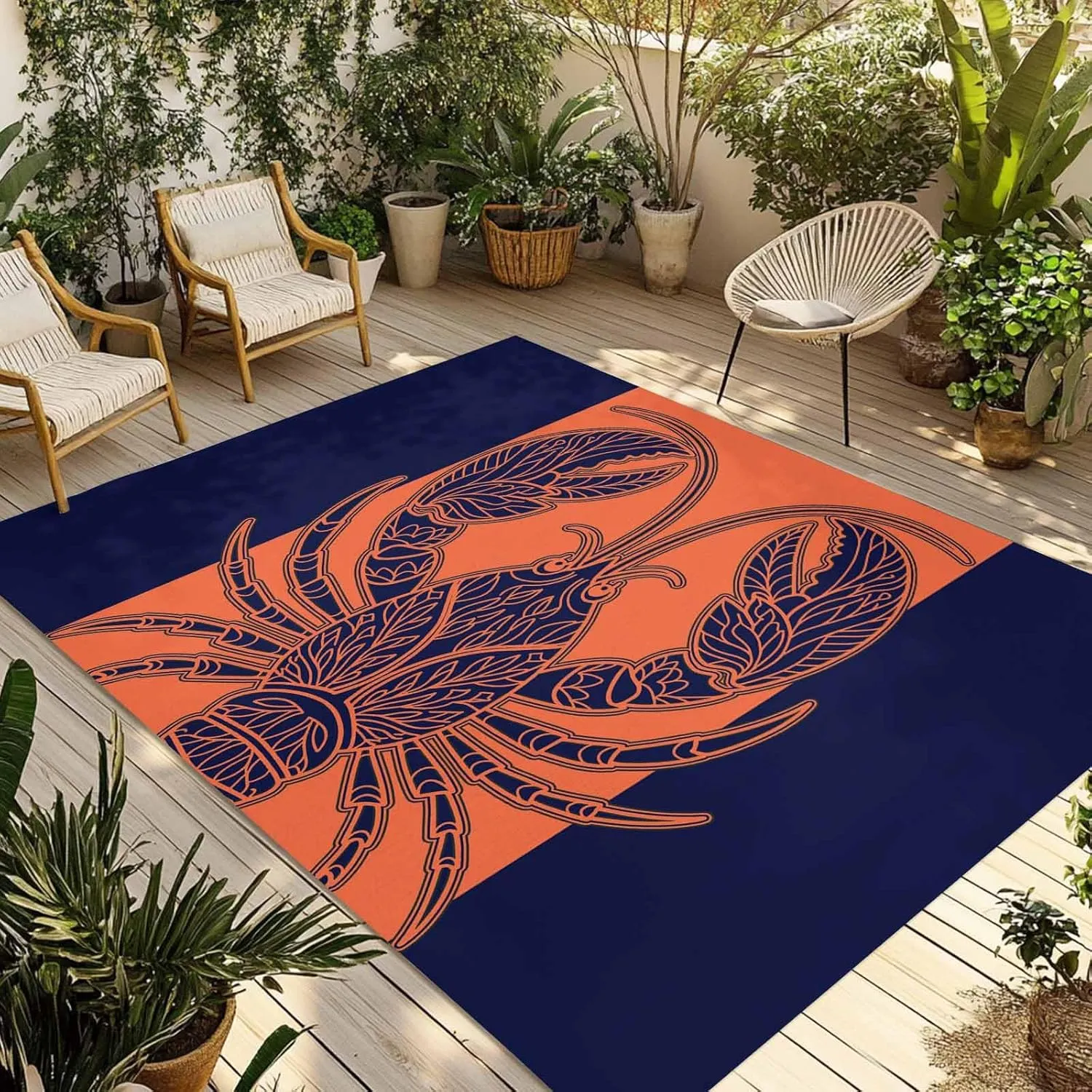 Lobster Navy Blue Outdoor Rug 4x6ft Large Patio Rug,Washable RV Camping Outside Area Runner Rug Mat,Boho Tropical Orange Stripe Summer Carpet for Picnic Backyard Deck Porch Balcony Beach & Indoor
