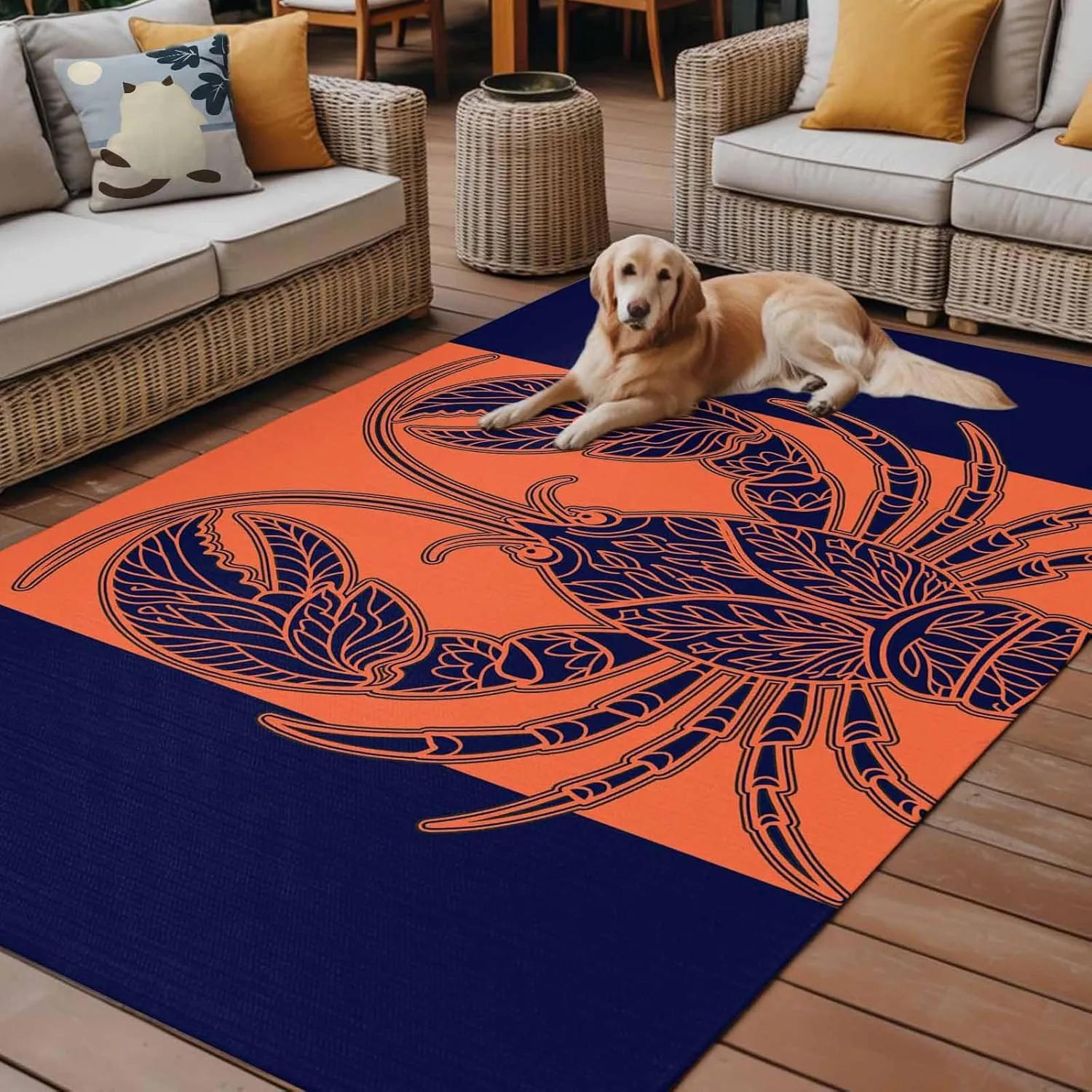 Lobster Navy Blue Outdoor Rug 4x6ft Large Patio Rug,Washable RV Camping Outside Area Runner Rug Mat,Boho Tropical Orange Stripe Summer Carpet for Picnic Backyard Deck Porch Balcony Beach & Indoor