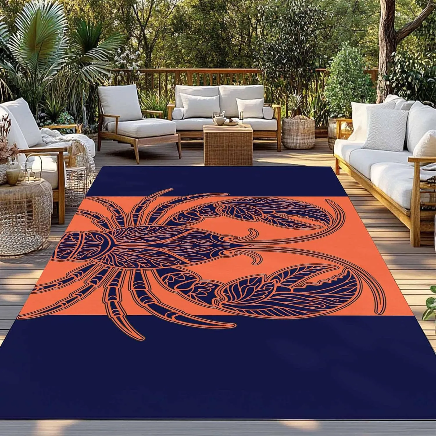 Lobster Navy Blue Outdoor Rug 4x6ft Large Patio Rug,Washable RV Camping Outside Area Runner Rug Mat,Boho Tropical Orange Stripe Summer Carpet for Picnic Backyard Deck Porch Balcony Beach & Indoor