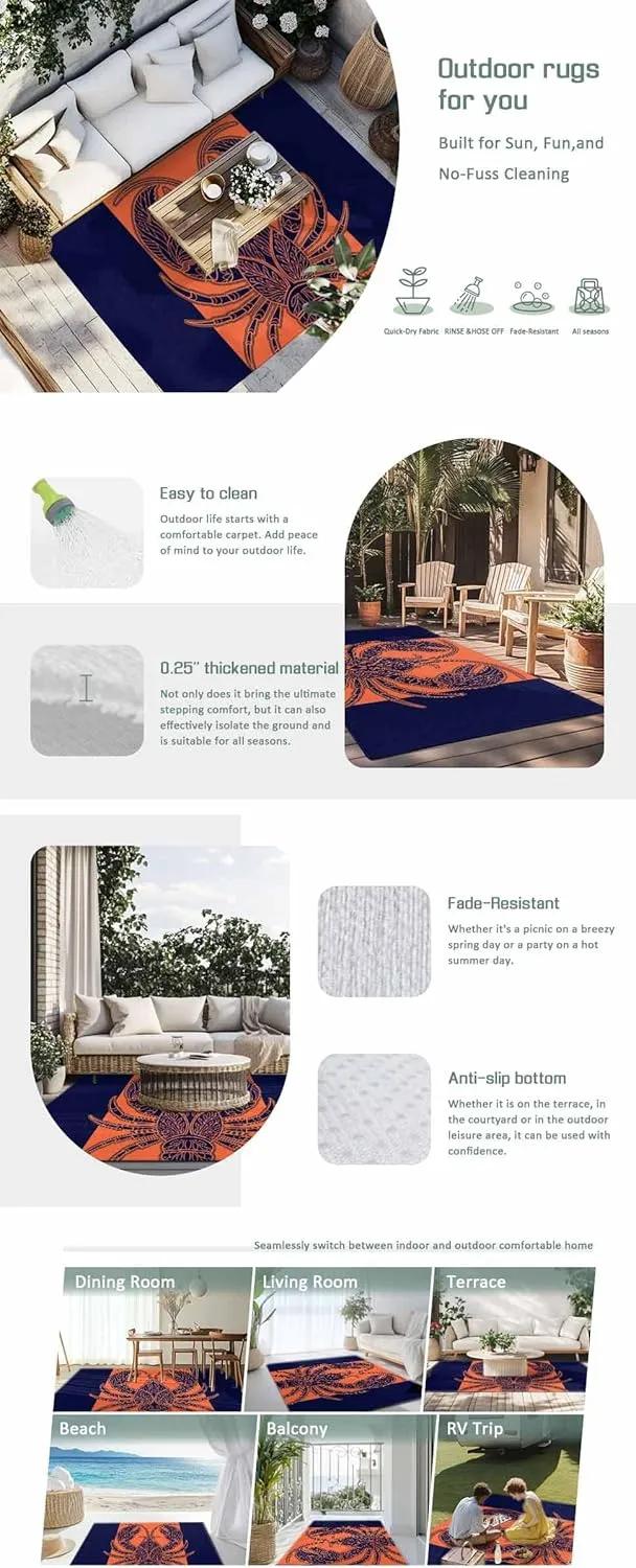 Lobster Navy Blue Outdoor Rug 4x6ft Large Patio Rug,Washable RV Camping Outside Area Runner Rug Mat,Boho Tropical Orange Stripe Summer Carpet for Picnic Backyard Deck Porch Balcony Beach & Indoor