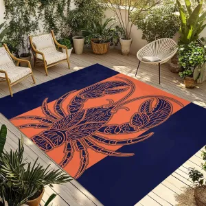 Lobster Navy Blue Outdoor Rug 4x6ft Large Patio Rug,Washable RV Camping Outside Area Runner Rug Mat,Boho Tropical Orange Stripe Summer Carpet for Picnic Backyard Deck Porch Balcony Beach & Indoor