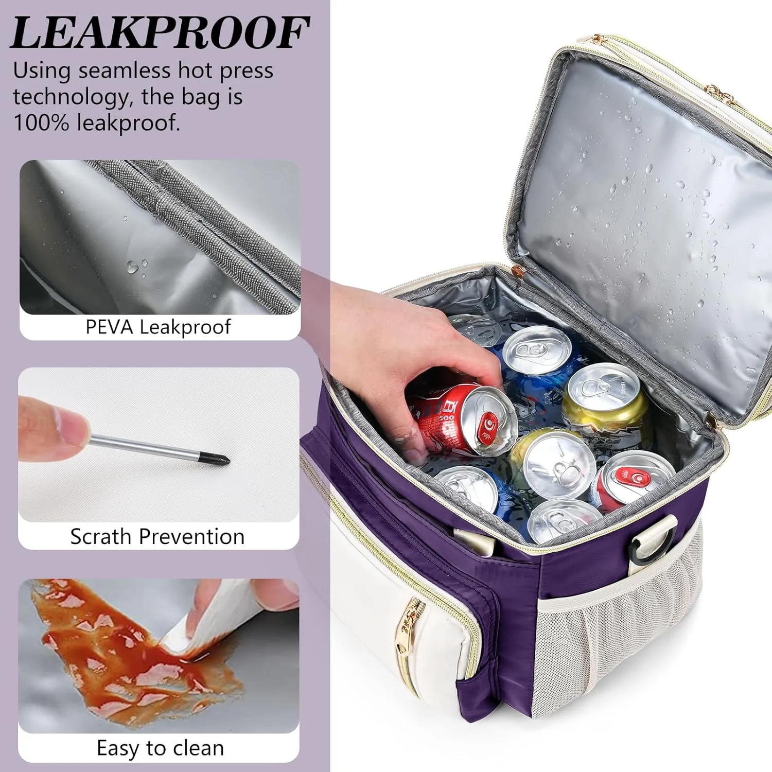 LOKASS Lunch Box for Women-16L-Insulated Lunch Bag Women, Expandable Double-layer Leakproof Cooler Bag with Upgrade Adjustable Shoulder Strap Ideal for Work/Picnics（Purple）