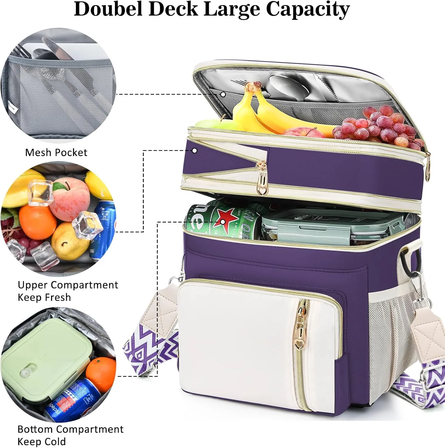LOKASS Lunch Box for Women-16L-Insulated Lunch Bag Women, Expandable Double-layer Leakproof Cooler Bag with Upgrade Adjustable Shoulder Strap Ideal for Work/Picnics（Purple）