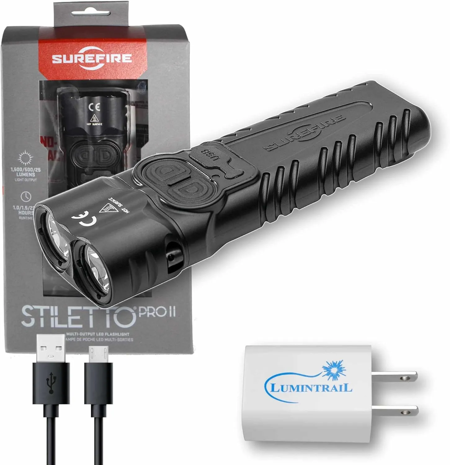 Lumintrail Sure Fire Stiletto PRO II (PLR-C) Multi-Output Rechargeable Pocket Flashlight 1500 Lumen LED Bundle with USB Wall Adapter - EDC Tactical Flashlight, Programmable Output, Pocket Clip