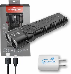 Lumintrail Sure Fire Stiletto PRO II (PLR-C) Multi-Output Rechargeable Pocket Flashlight 1500 Lumen LED Bundle with USB Wall Adapter - EDC Tactical Flashlight, Programmable Output, Pocket Clip